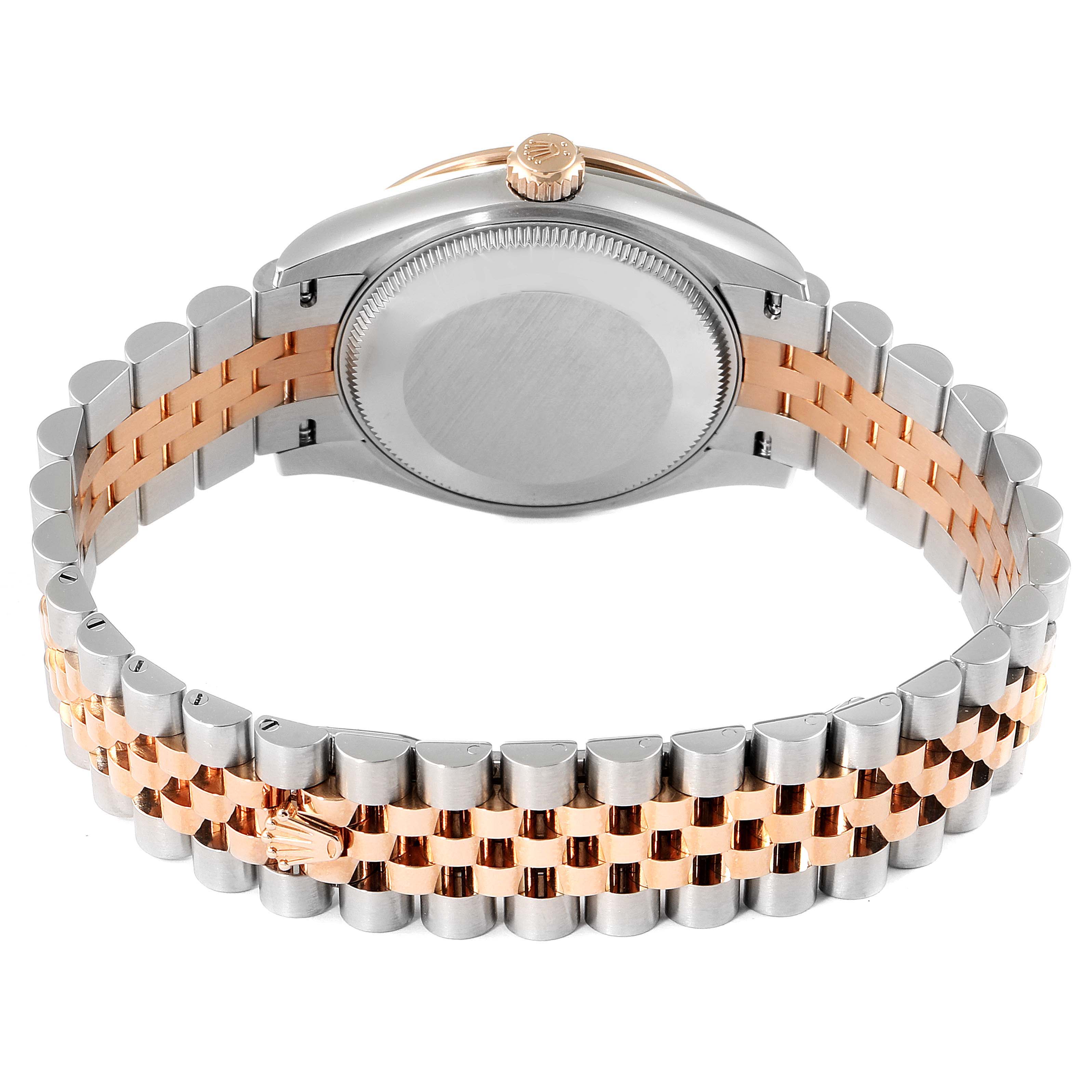 This image shows the back view of a Rolex Mid-Size 278381 Women's Steel and Gold (two tone) Pink Dial 278381 Women's Steel and Gold (two tone) Pink Dial watch, focusing on the case back and two-tone bracelet.