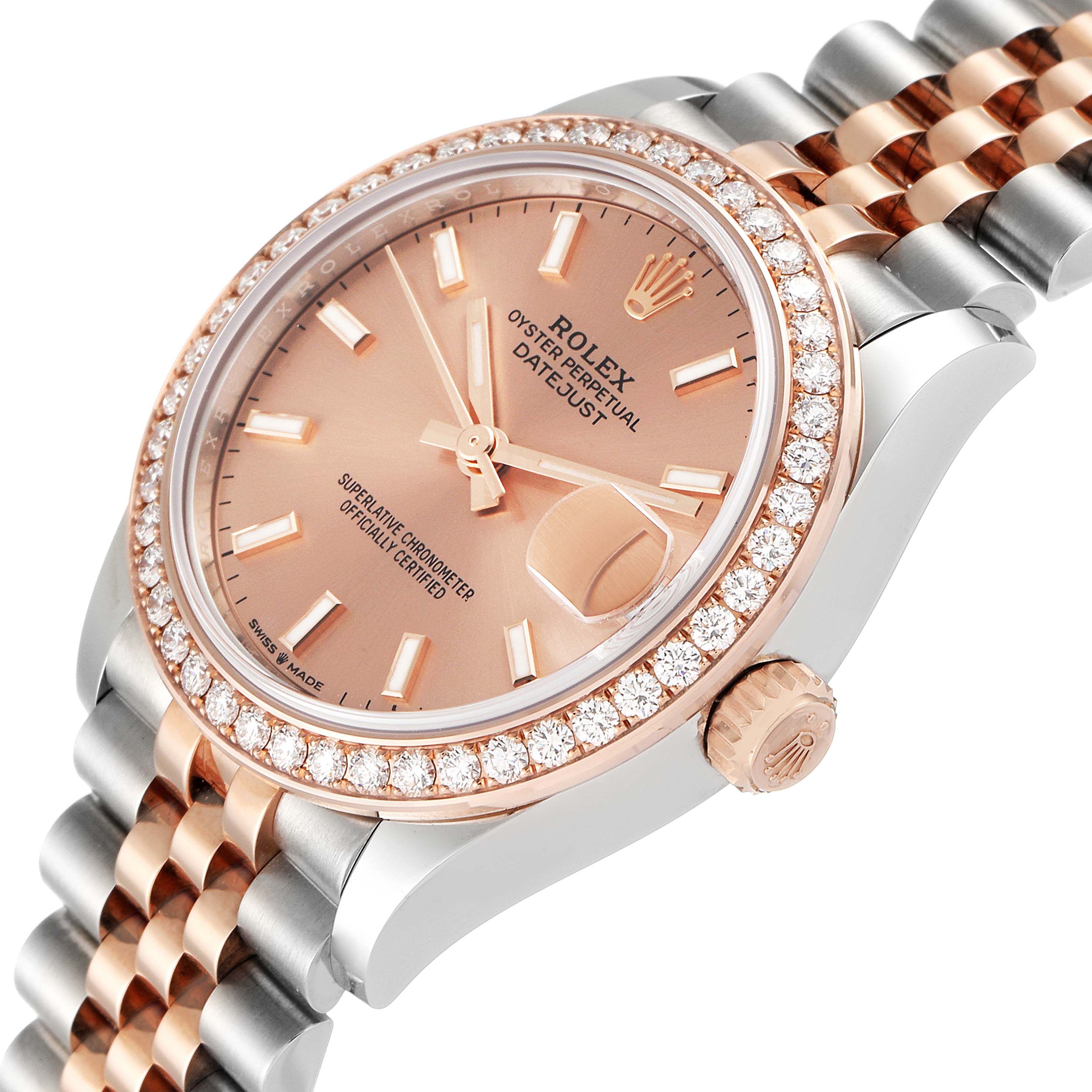 The Rolex Mid-Size 278381 Women's Steel and Gold (two tone) Pink Dial 278381 Women's Steel and Gold (two tone) Pink Dial Datejust watch is shown at a slight angle, displaying its face, bezel, crown, and part of the bracelet.