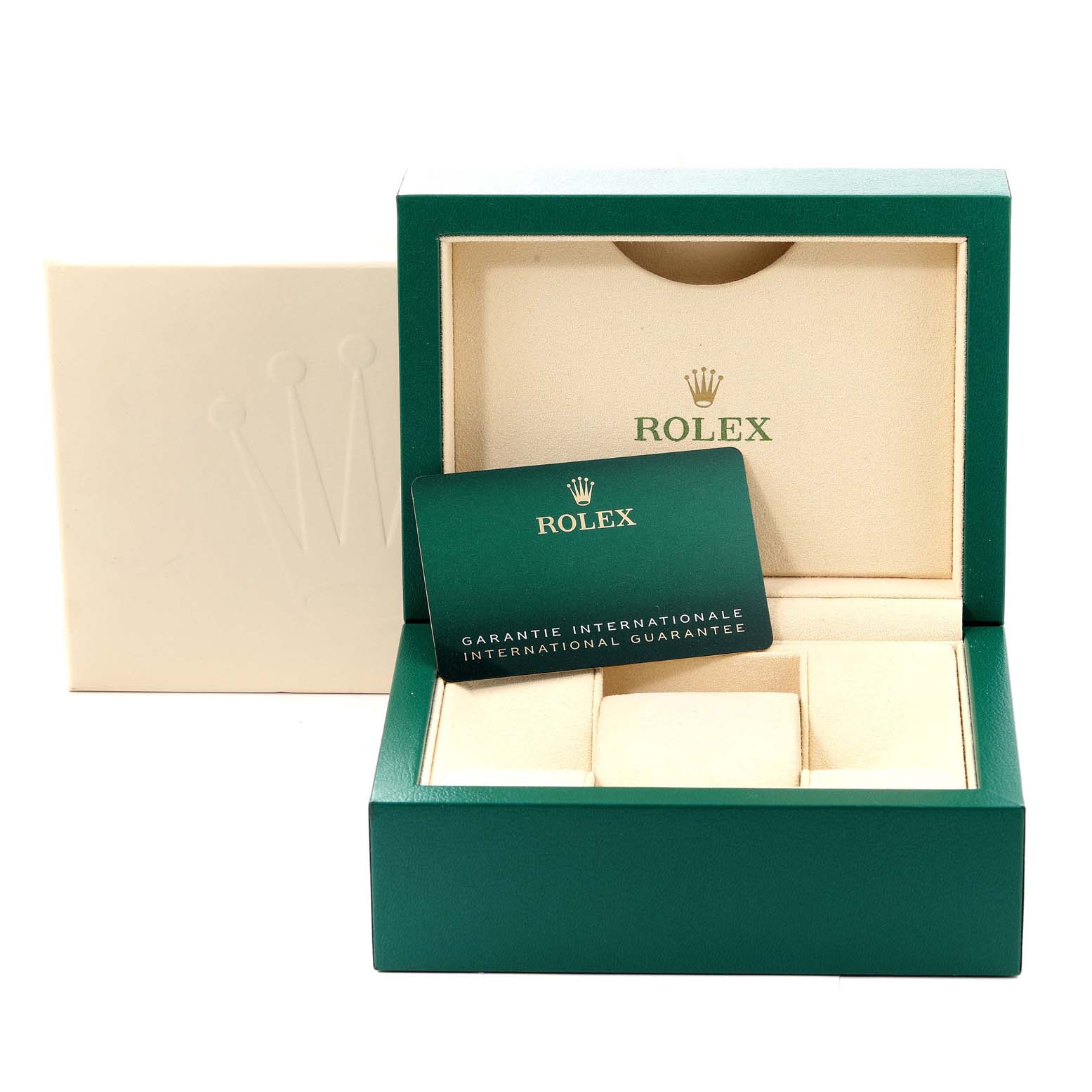 The image shows a Rolex Datejust 126200 Men's Stainless Steel Blue Dial 126200 Men's Stainless Steel Blue Dial watch box, guarantee card, and outer packaging from a frontal angle.