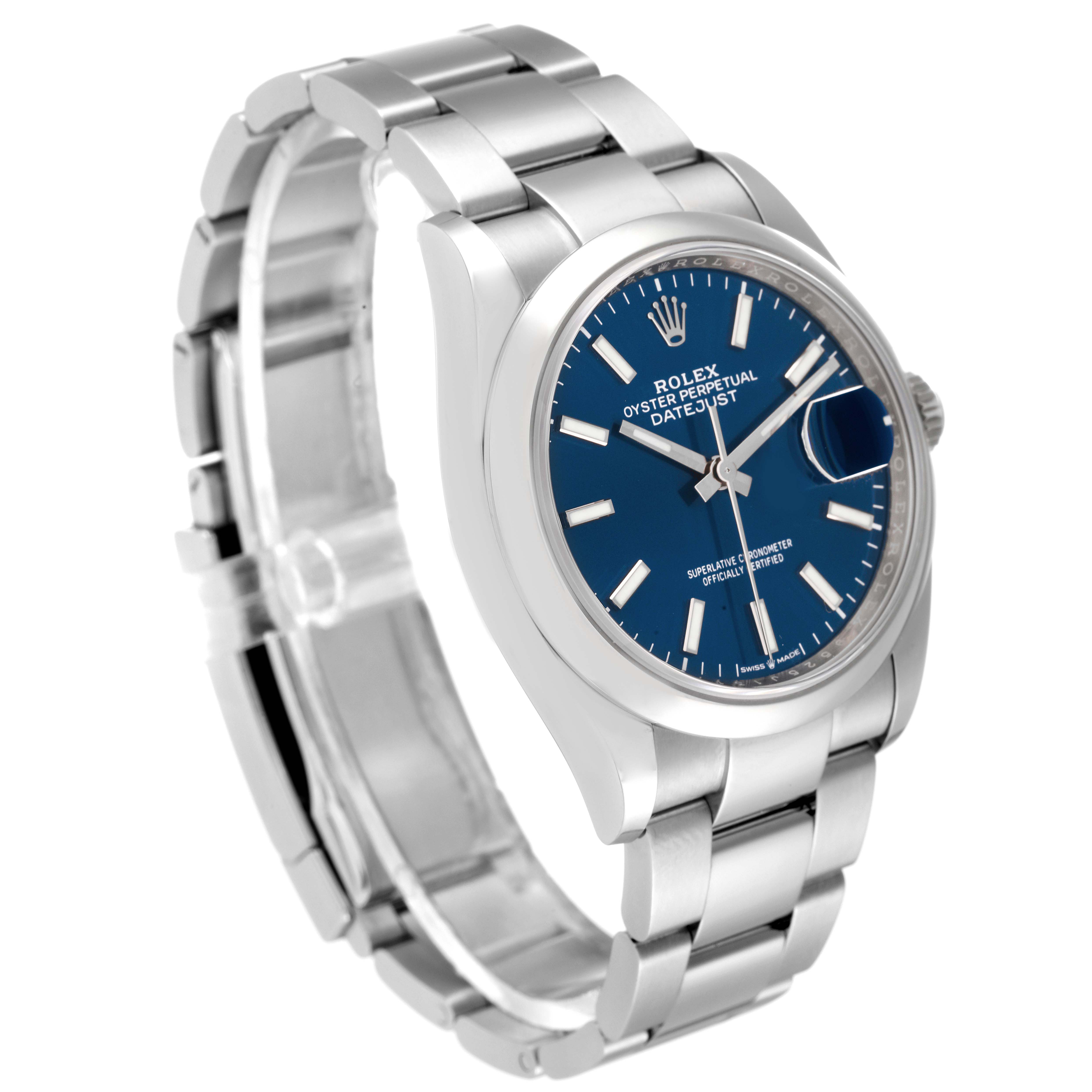 The image shows a Rolex Datejust 126200 Men's Stainless Steel Blue Dial 126200 Men's Stainless Steel Blue Dial watch at a slight angle, highlighting its blue dial, stainless steel case, and bracelet.