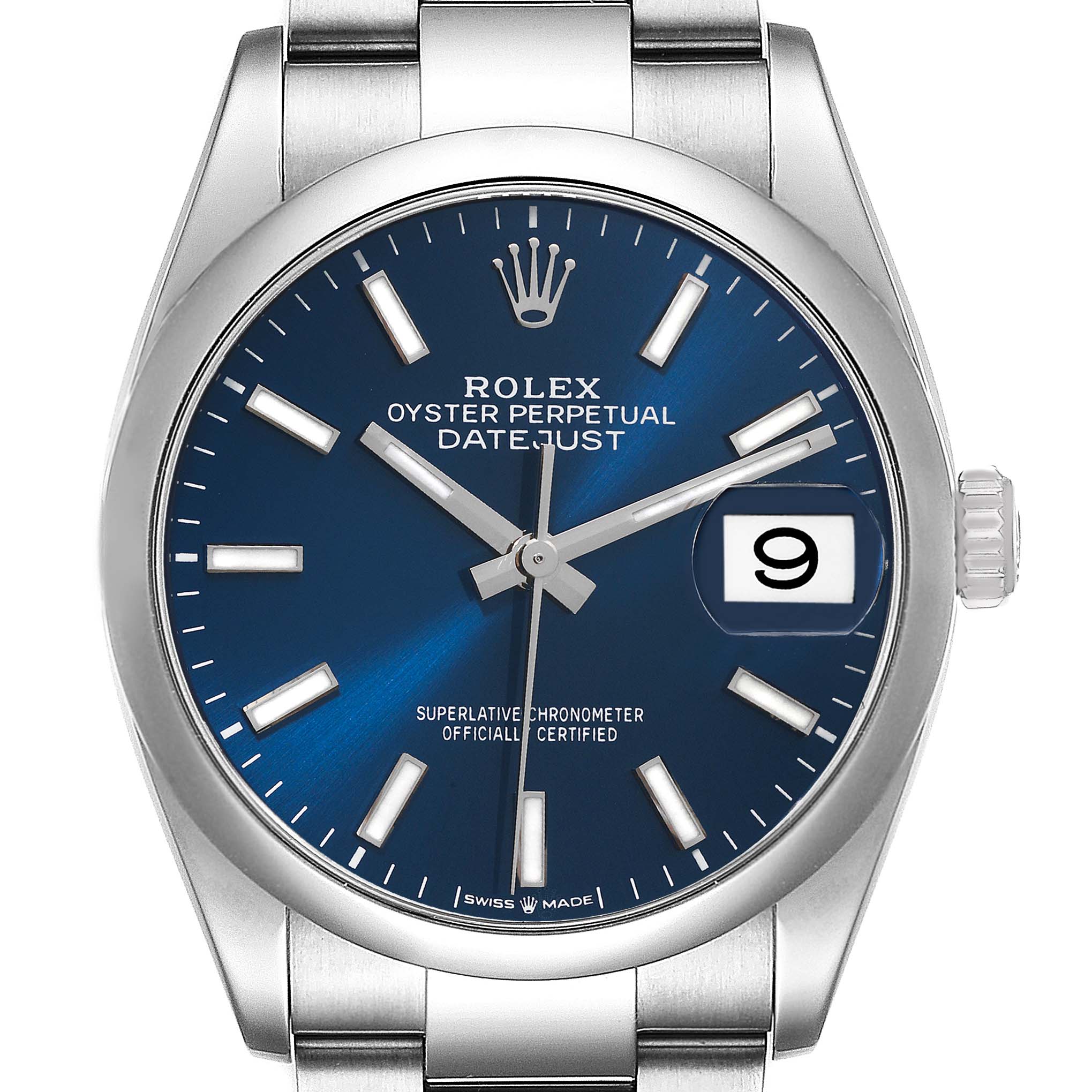 This image shows a front view of the Rolex Datejust 126200 Men's Stainless Steel Blue Dial 126200 Men's Stainless Steel Blue Dial watch with a blue dial and date display.
