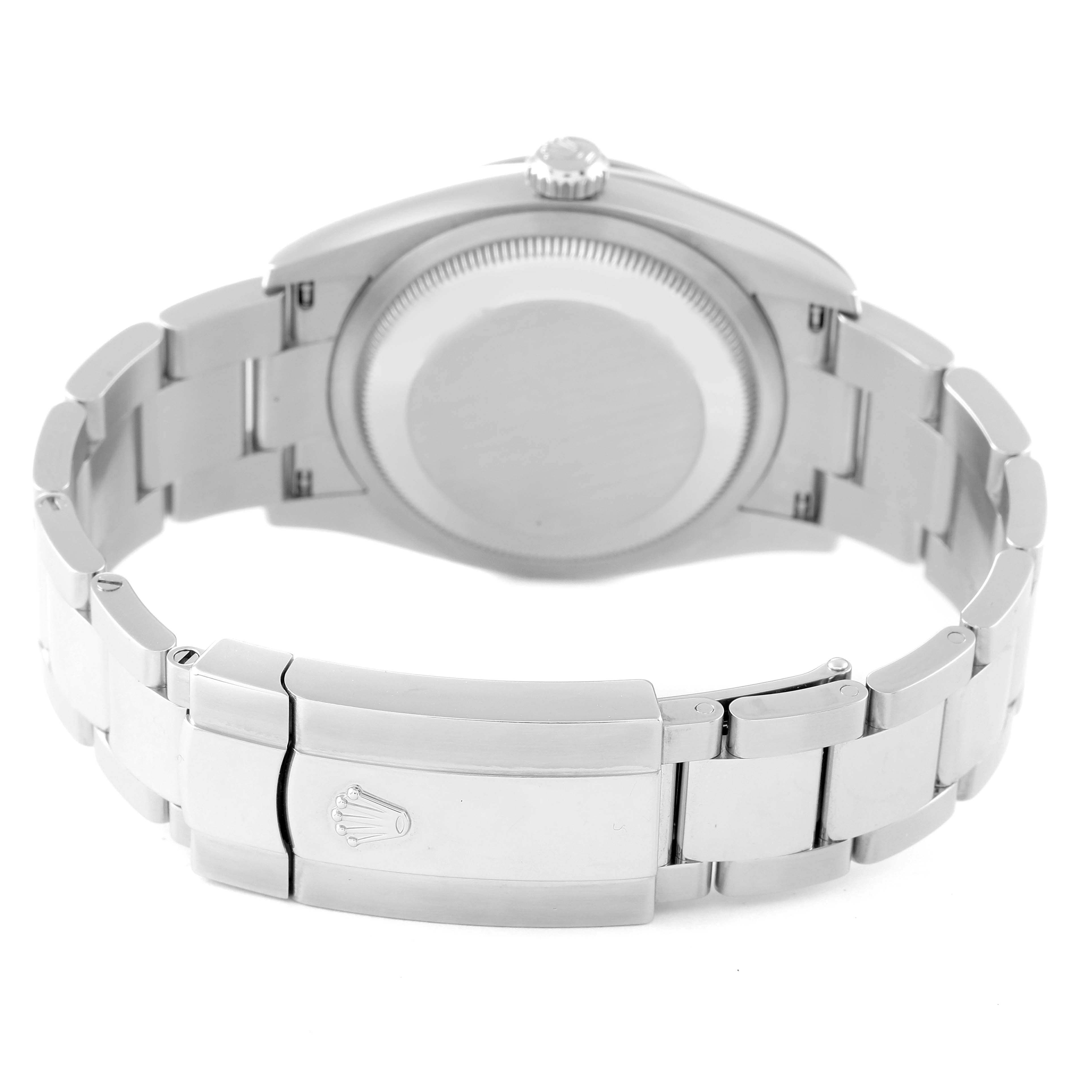 This image shows the back view of a Rolex Datejust 126200 Men's Stainless Steel Blue Dial 126200 Men's Stainless Steel Blue Dial watch, focusing on its clasp and bracelet.