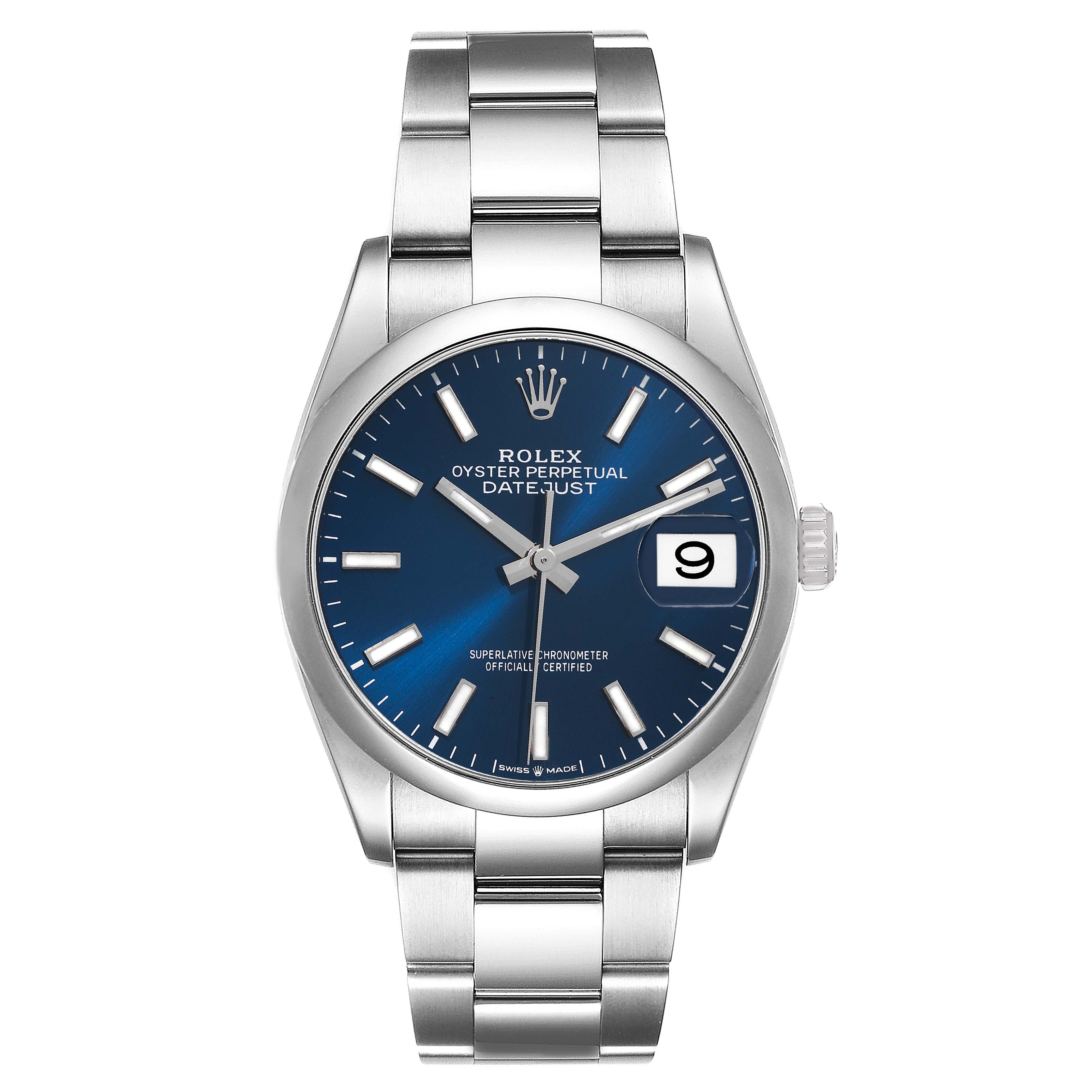 The image shows a Rolex Datejust 126200 Men's Stainless Steel Blue Dial 126200 Men's Stainless Steel Blue Dial watch with a blue dial and stainless steel bracelet, captured from a front angle.