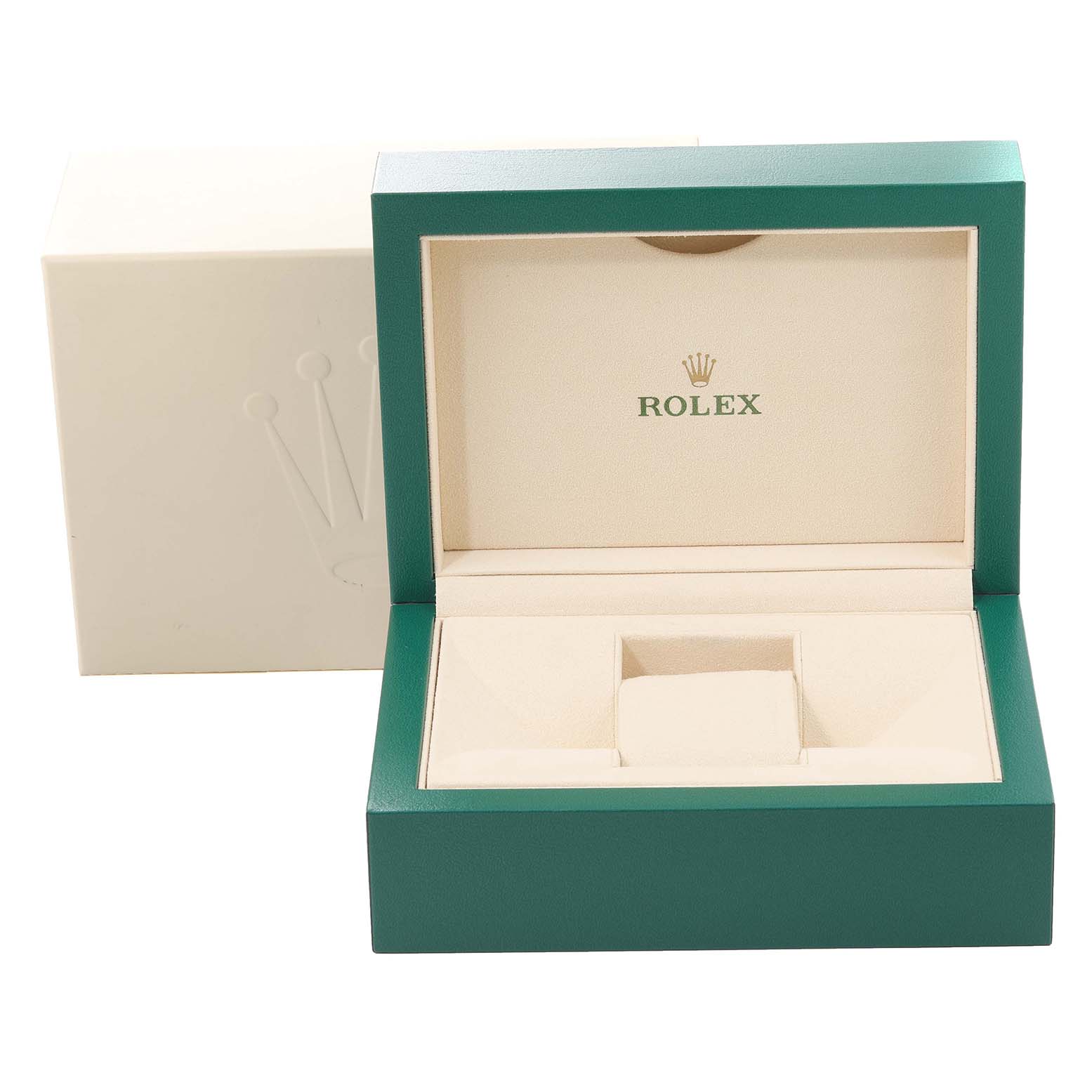 The image shows an open Rolex Datejust 126281 Men's Steel and Gold (two tone) Silver Dial 126281 Men's Steel and Gold (two tone) Silver Dial watch box, featuring a green outer box and beige interior with the Rolex logo.
