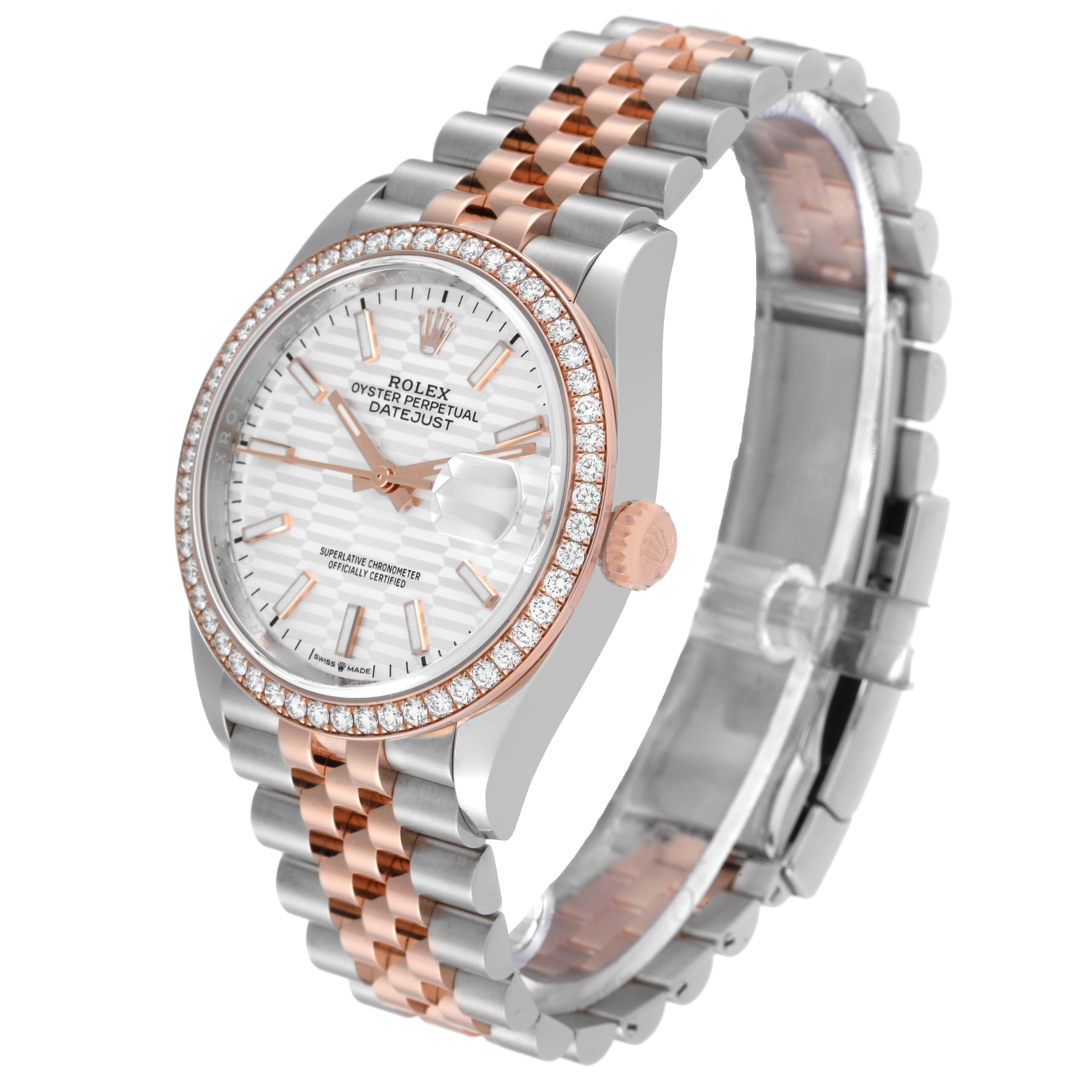 This image shows a Rolex Datejust 126281 Men's Steel and Gold (two tone) Silver Dial 126281 Men's Steel and Gold (two tone) Silver Dial watch, angled to display the face, bezel, crown, and two-tone bracelet in silver and rose gold.