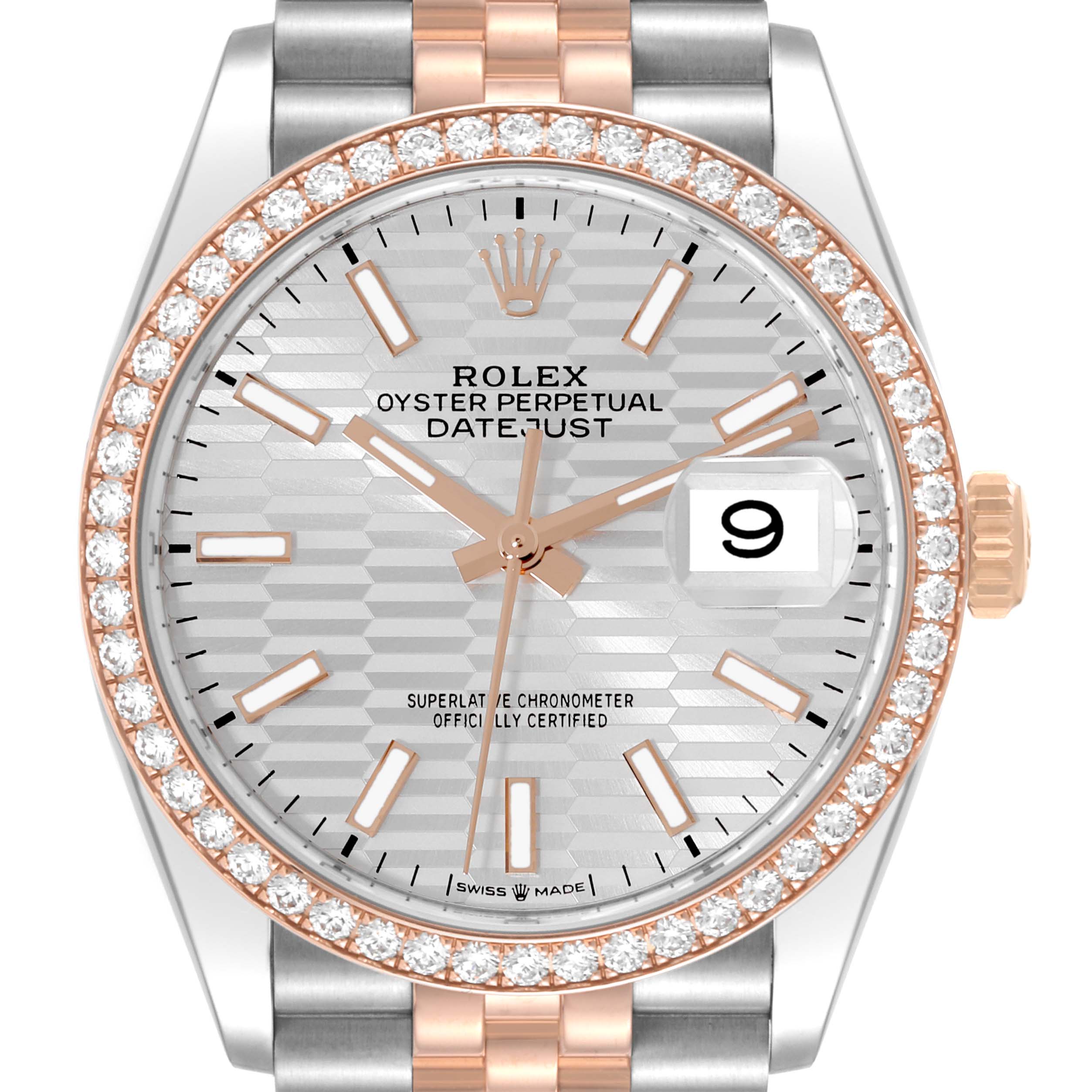 This image shows a front view of the Rolex Datejust 126281 Men's Steel and Gold (two tone) Silver Dial 126281 Men's Steel and Gold (two tone) Silver Dial model, displaying the face, bezel, date window, and part of the bracelet.