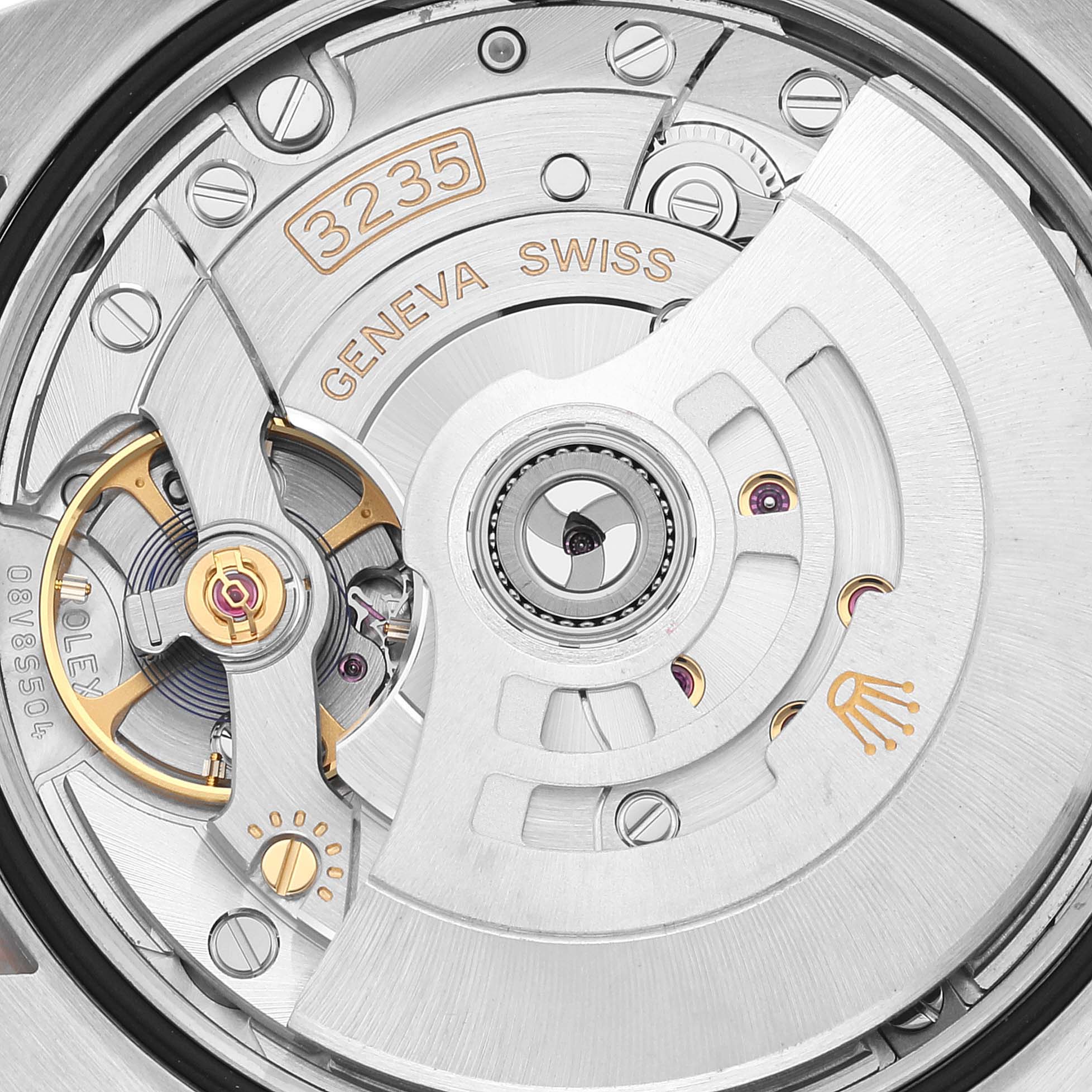 This image shows the intricate internal mechanism of a Rolex Datejust 126281 Men's Steel and Gold (two tone) Silver Dial 126281 Men's Steel and Gold (two tone) Silver Dial model, highlighting its movement and rotor.