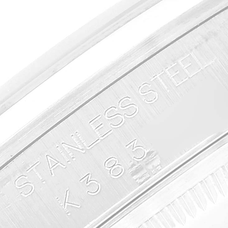 This image shows a close-up view of the inner bezel engraved with "Stainless Steel" for a Rolex Datejust 16200 Men's Stainless Steel Silver Dial 16200 Men's Stainless Steel Silver Dial watch.