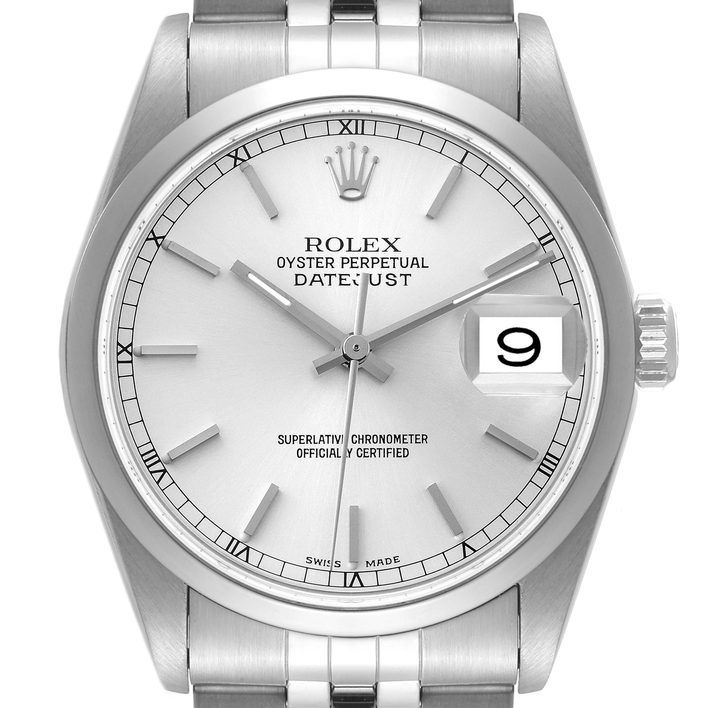 This image shows a front view of a Rolex Datejust 16200 Men's Stainless Steel Silver Dial 16200 Men's Stainless Steel Silver Dial watch, highlighting its dial, hands, date window, and part of the bracelet.