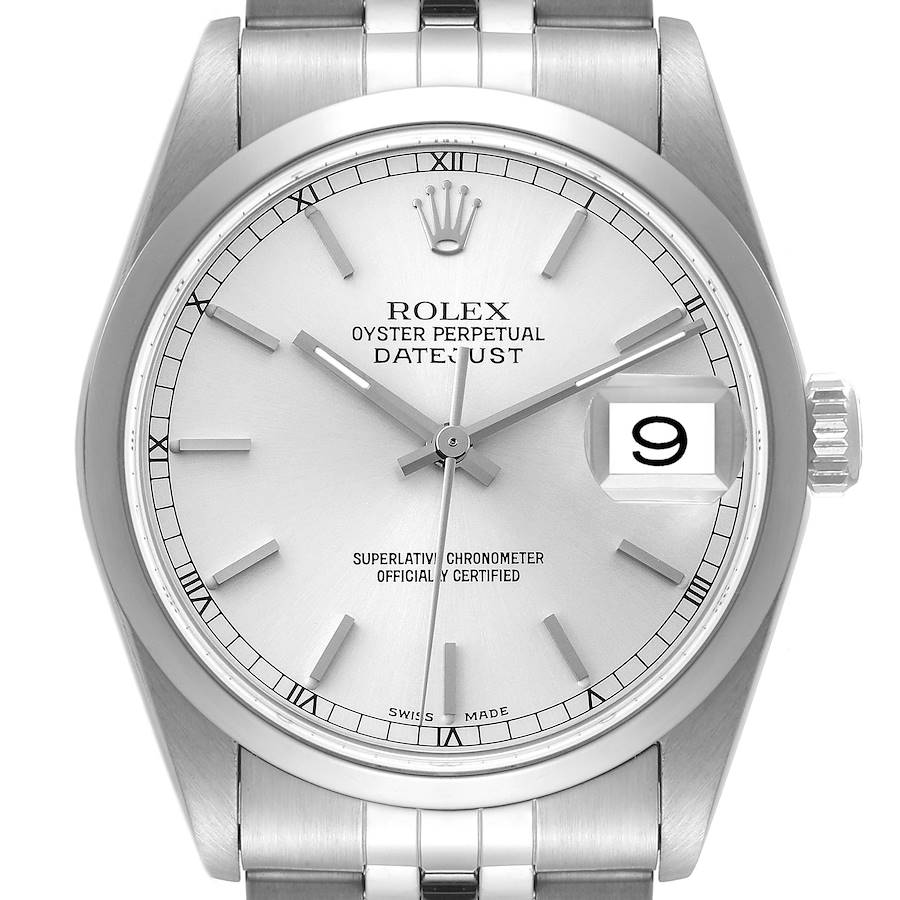 Rolex Datejust 36 Silver Baton Dial Steel Mens Watch 16200 SwissWatchExpo