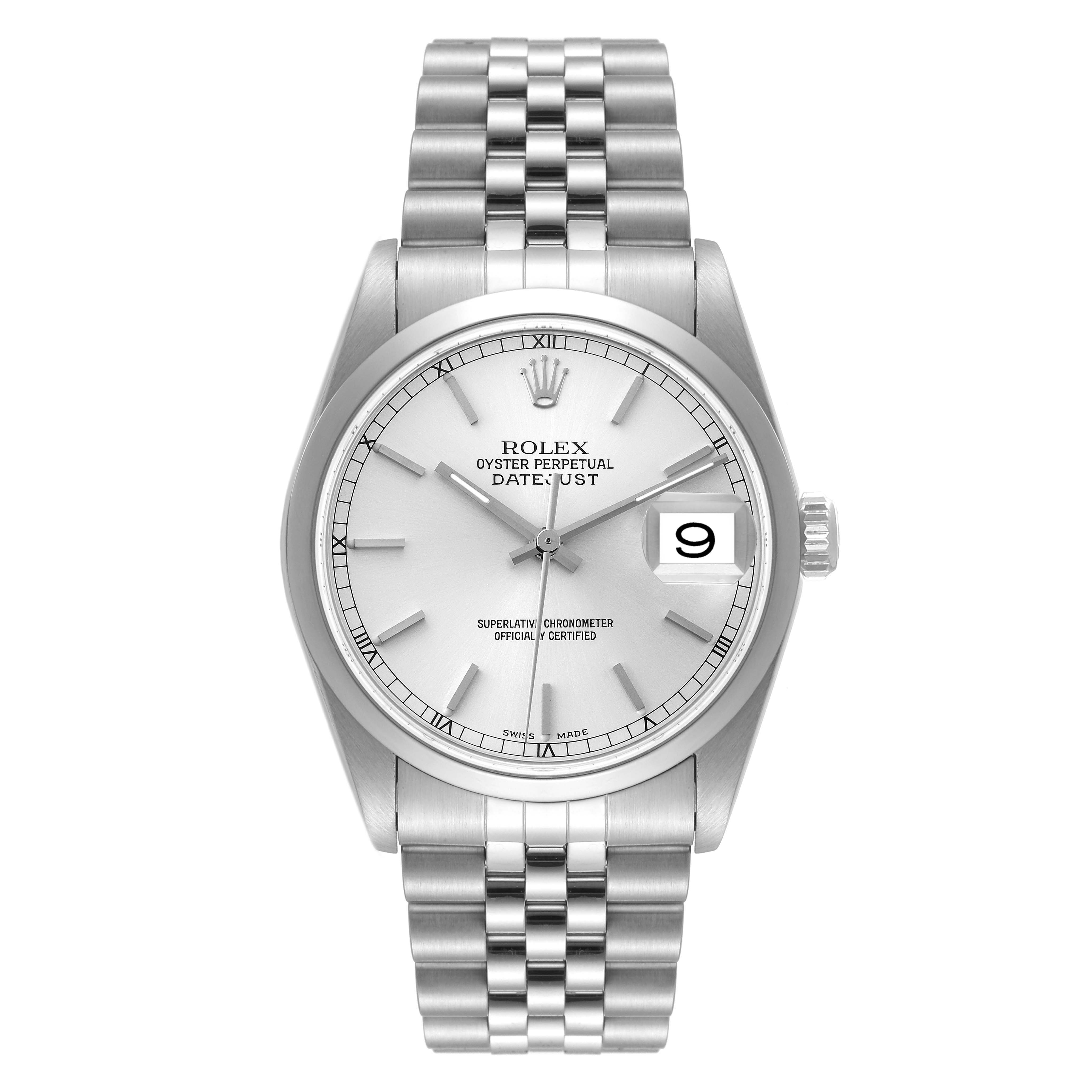 This image shows a Rolex Datejust 16200 Men's Stainless Steel Silver Dial 16200 Men's Stainless Steel Silver Dial watch from a straight-on angle, highlighting the dial, hands, bezel, and bracelet.