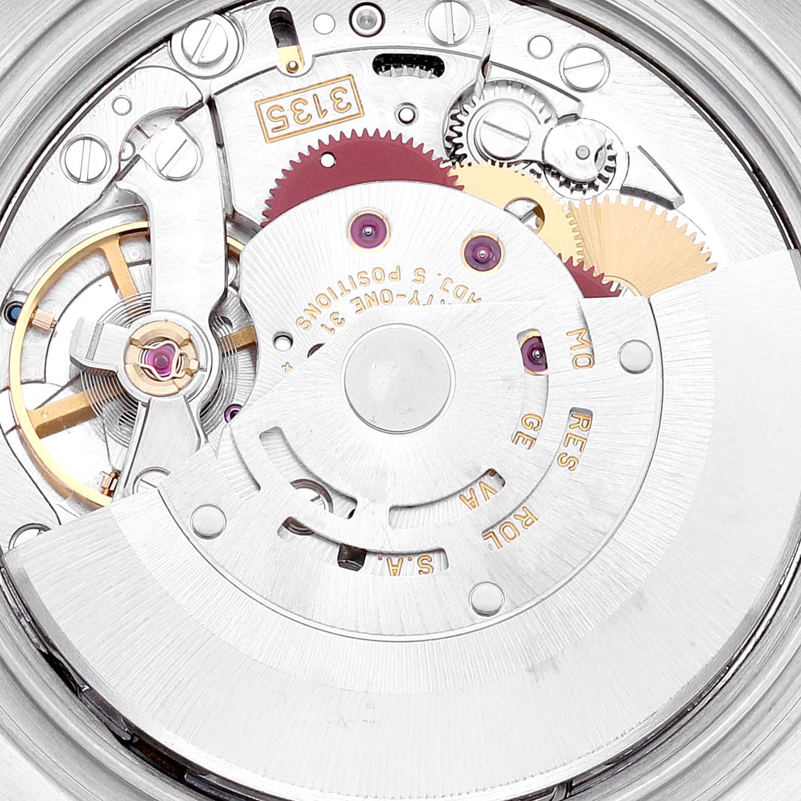 The image shows the internal mechanism of a Rolex Datejust 16200 Men's Stainless Steel Silver Dial 16200 Men's Stainless Steel Silver Dial watch at a close-up angle, highlighting its gears and rotors.