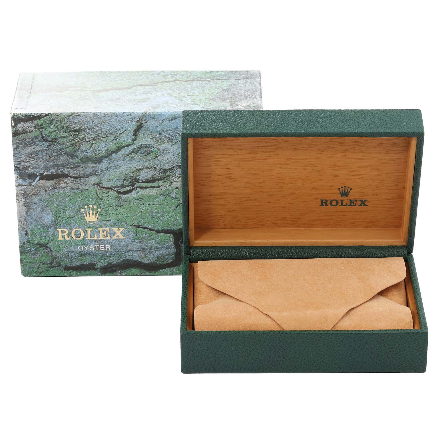 The image shows a Rolex Datejust 16200 Men's Stainless Steel Silver Dial 16200 Men's Stainless Steel Silver Dial watch box and its packaging, with the box open to reveal the interior.