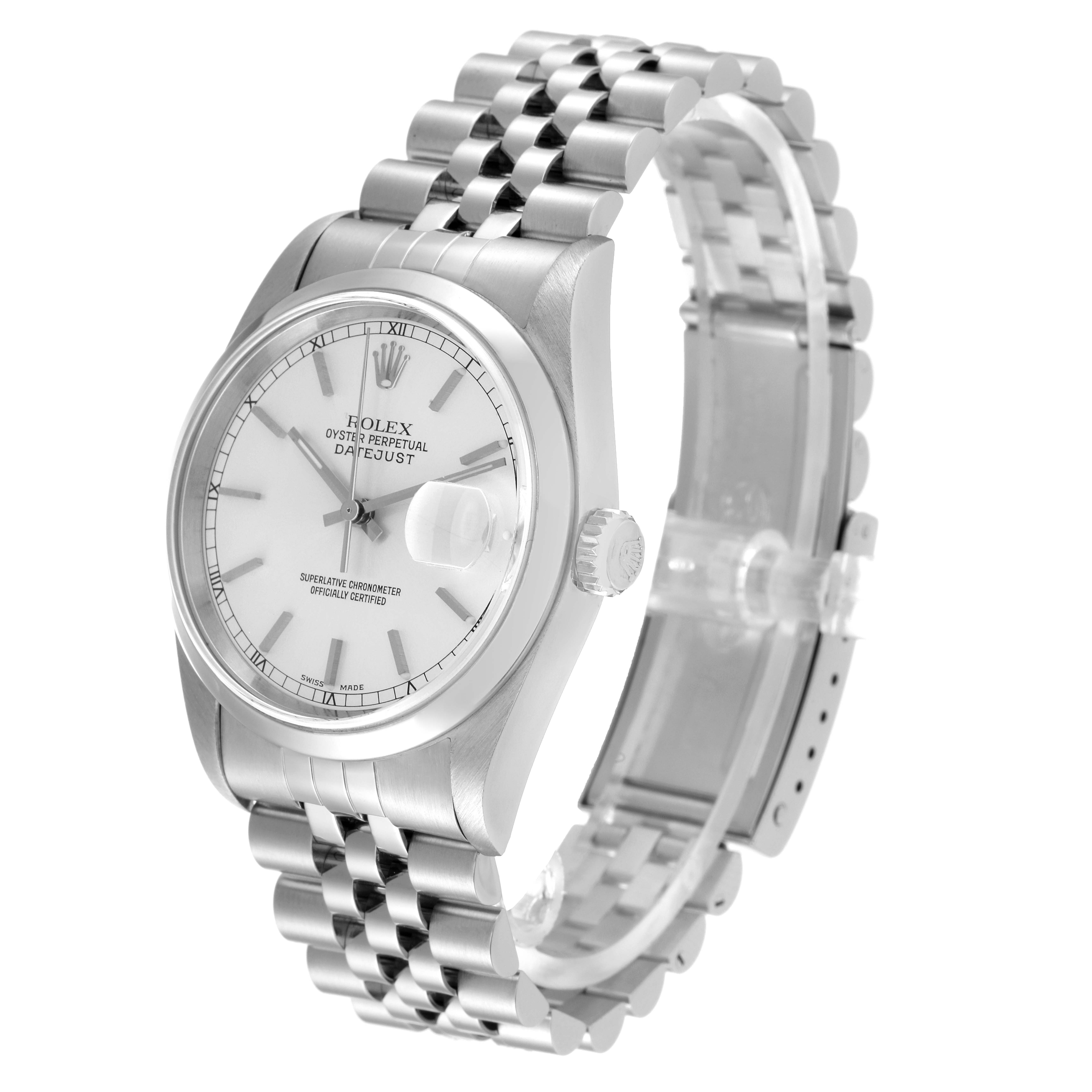 The Rolex Datejust 16200 Men's Stainless Steel Silver Dial 16200 Men's Stainless Steel Silver Dial watch is shown at a slight angle, displaying the face, crown, and bracelet.