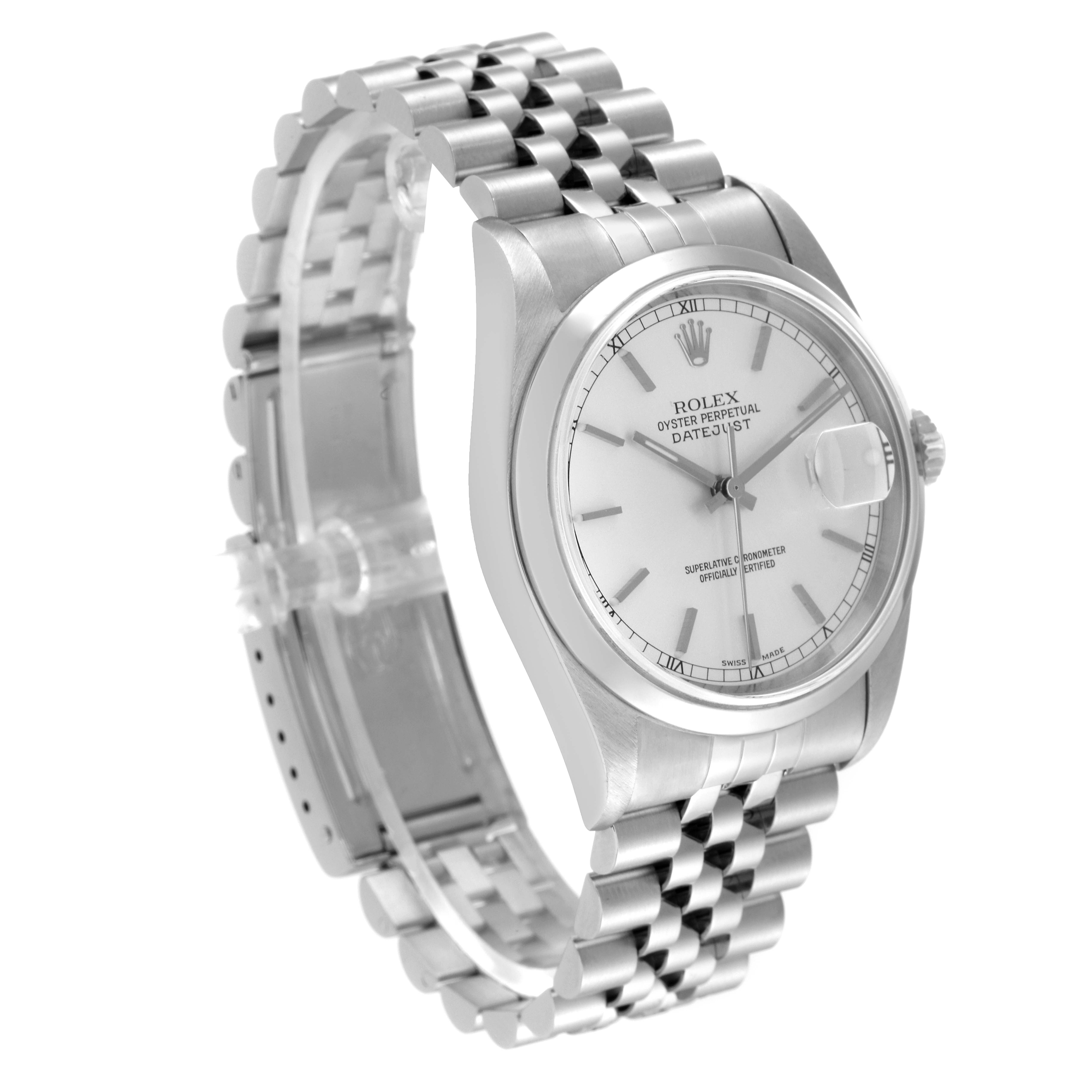 This image shows a Rolex Datejust 16200 Men's Stainless Steel Silver Dial 16200 Men's Stainless Steel Silver Dial watch at a three-quarter angle displaying the face, bracelet, and partially open clasp.