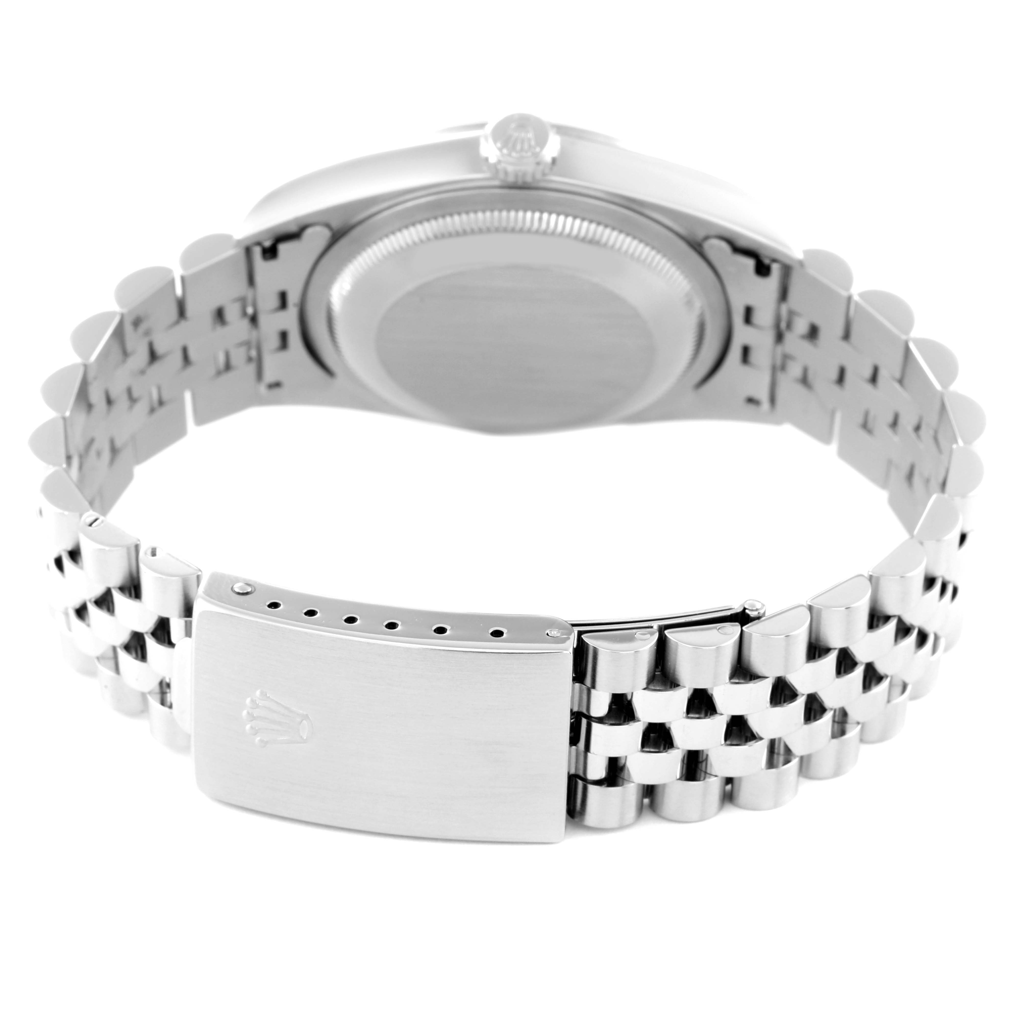 The image shows the back of a Rolex Datejust 16200 Men's Stainless Steel Silver Dial 16200 Men's Stainless Steel Silver Dial watch, highlighting its clasp, bracelet, and case back from a rear angle.