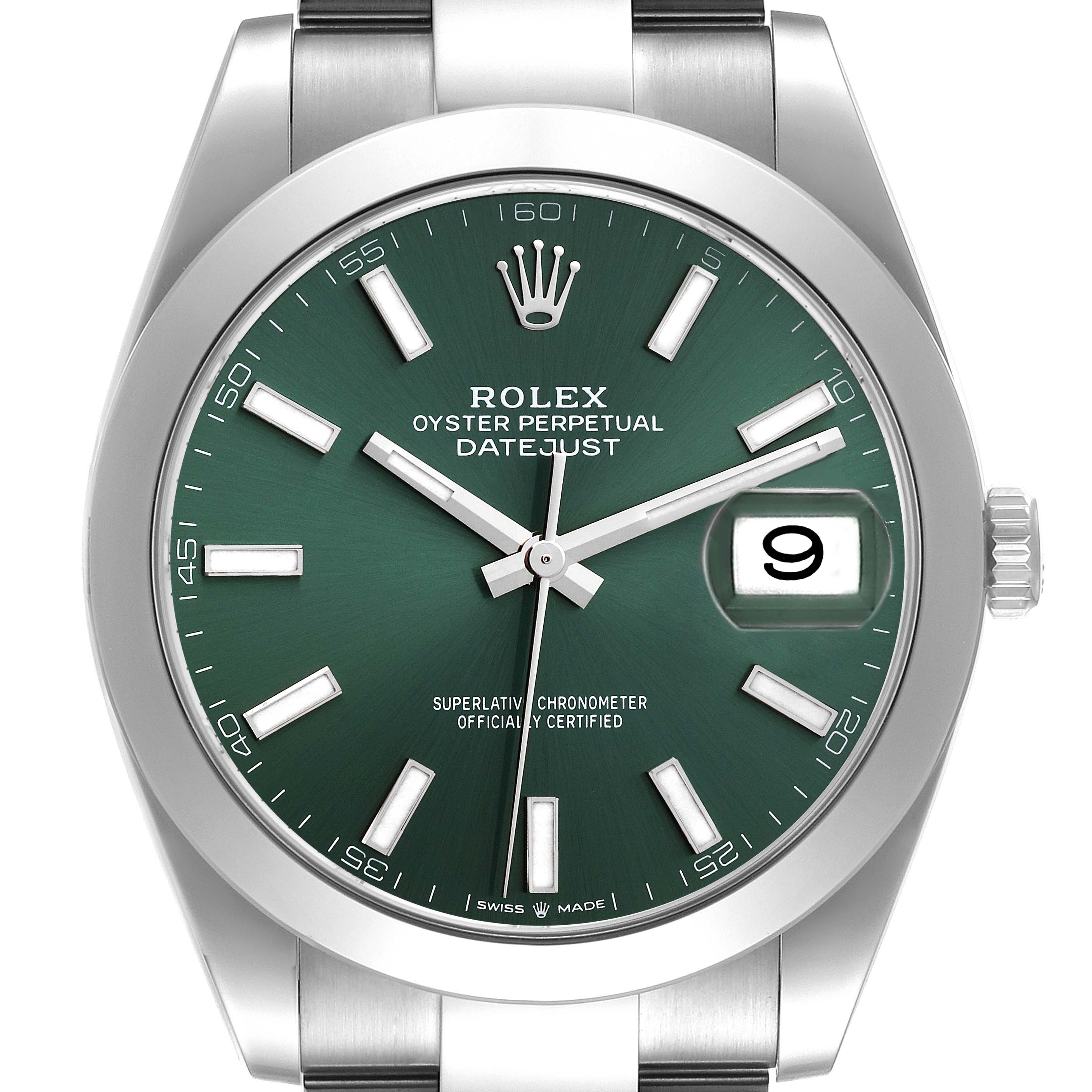 The image shows a front view of a Rolex Datejust 41 126300 Men's Stainless Steel Green Dial 126300 Men's Stainless Steel Green Dial watch with a green dial, white hour markers, and the date at the 3 o'clock position.