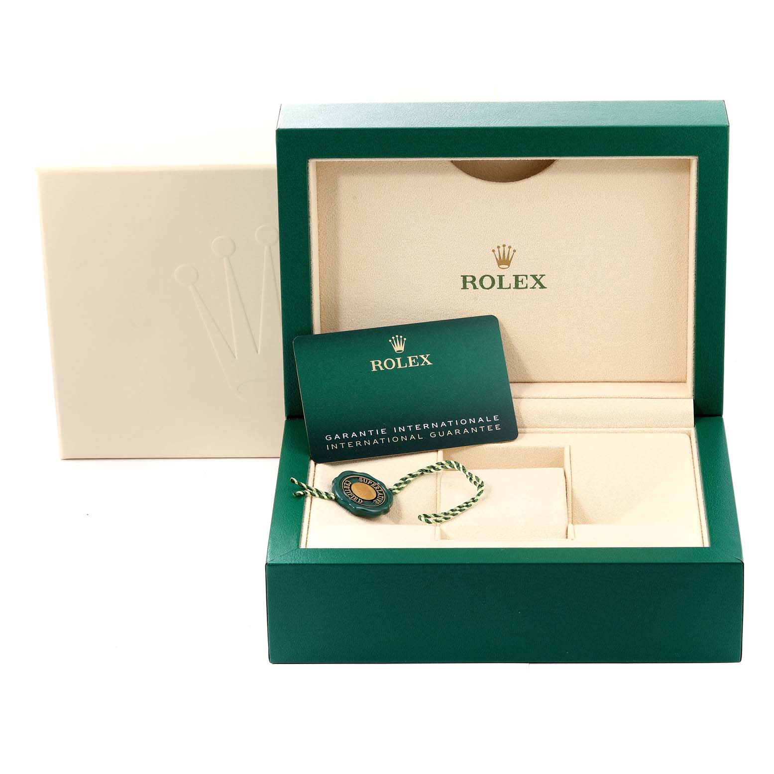 The image shows an open Rolex Datejust 41 126300 Men's Stainless Steel Green Dial 126300 Men's Stainless Steel Green Dial box with a guarantee card and tag inside.