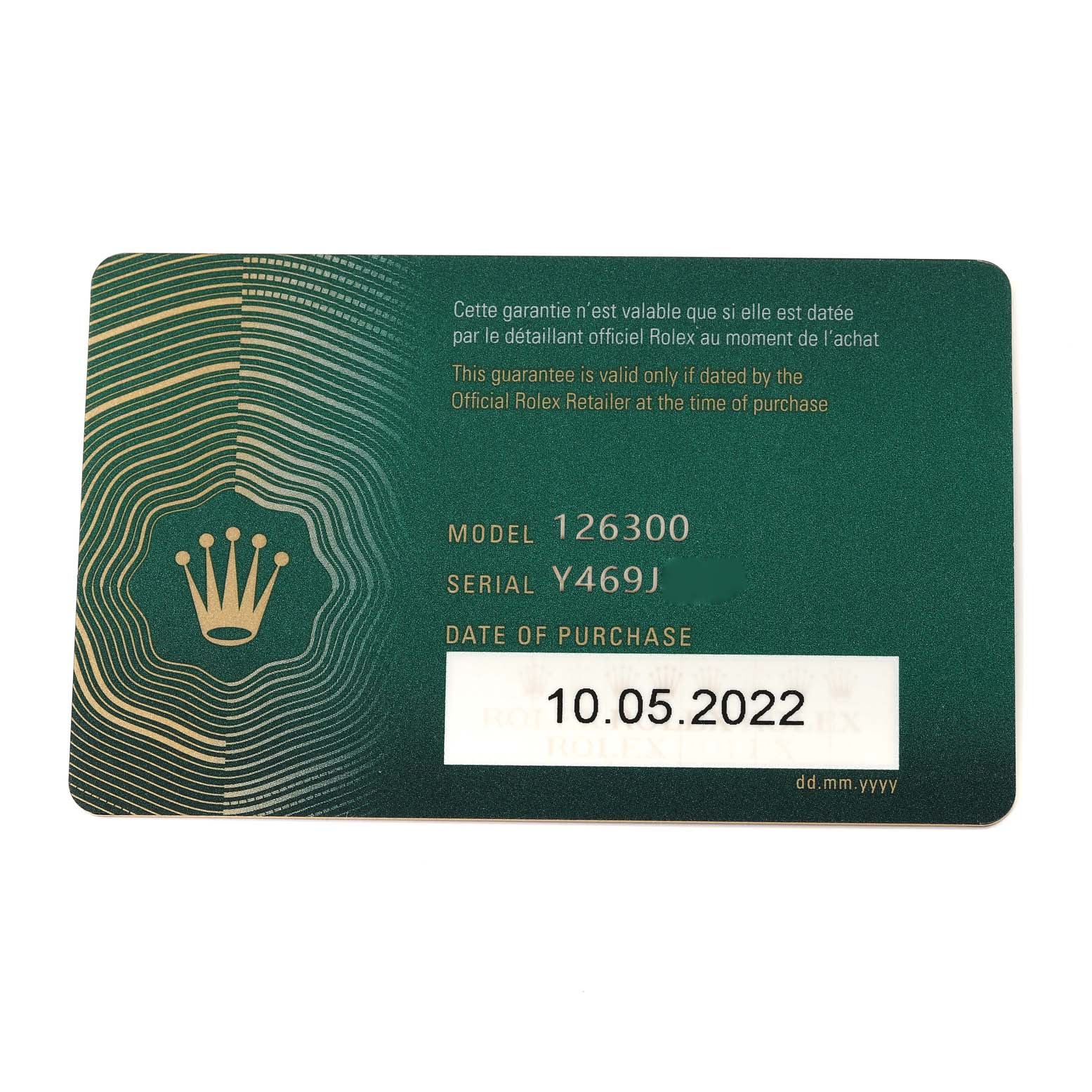 The image shows a Rolex guarantee card for the Datejust 41 model with the model number, serial number, and date of purchase.