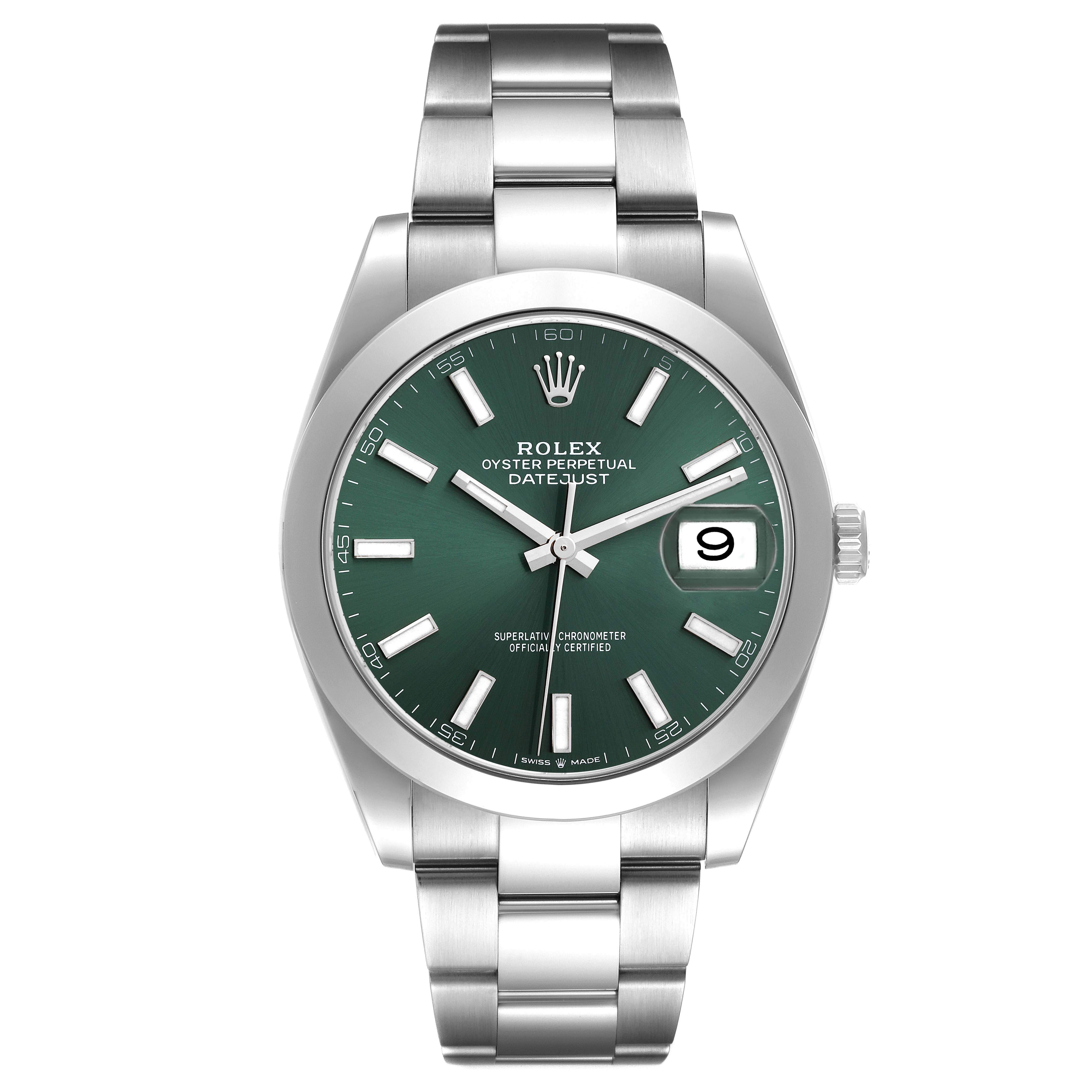 The Rolex Datejust 41 126300 Men's Stainless Steel Green Dial 126300 Men's Stainless Steel Green Dial watch is shown from a front angle, displaying its green dial, date window, and stainless steel bracelet.