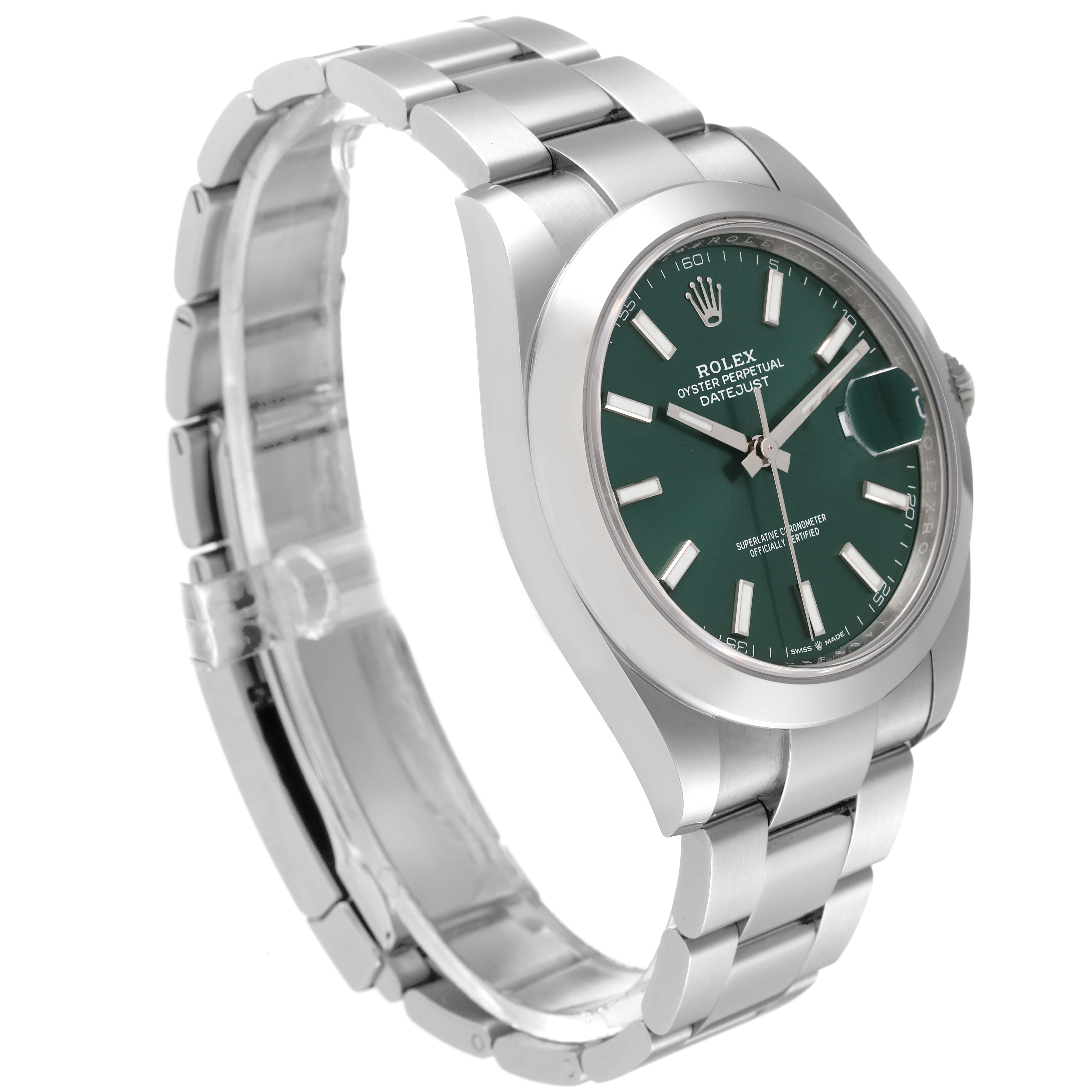 The Rolex Datejust 41 126300 Men's Stainless Steel Green Dial 126300 Men's Stainless Steel Green Dial watch is shown from an angled side view displaying the bracelet and face with green dial.