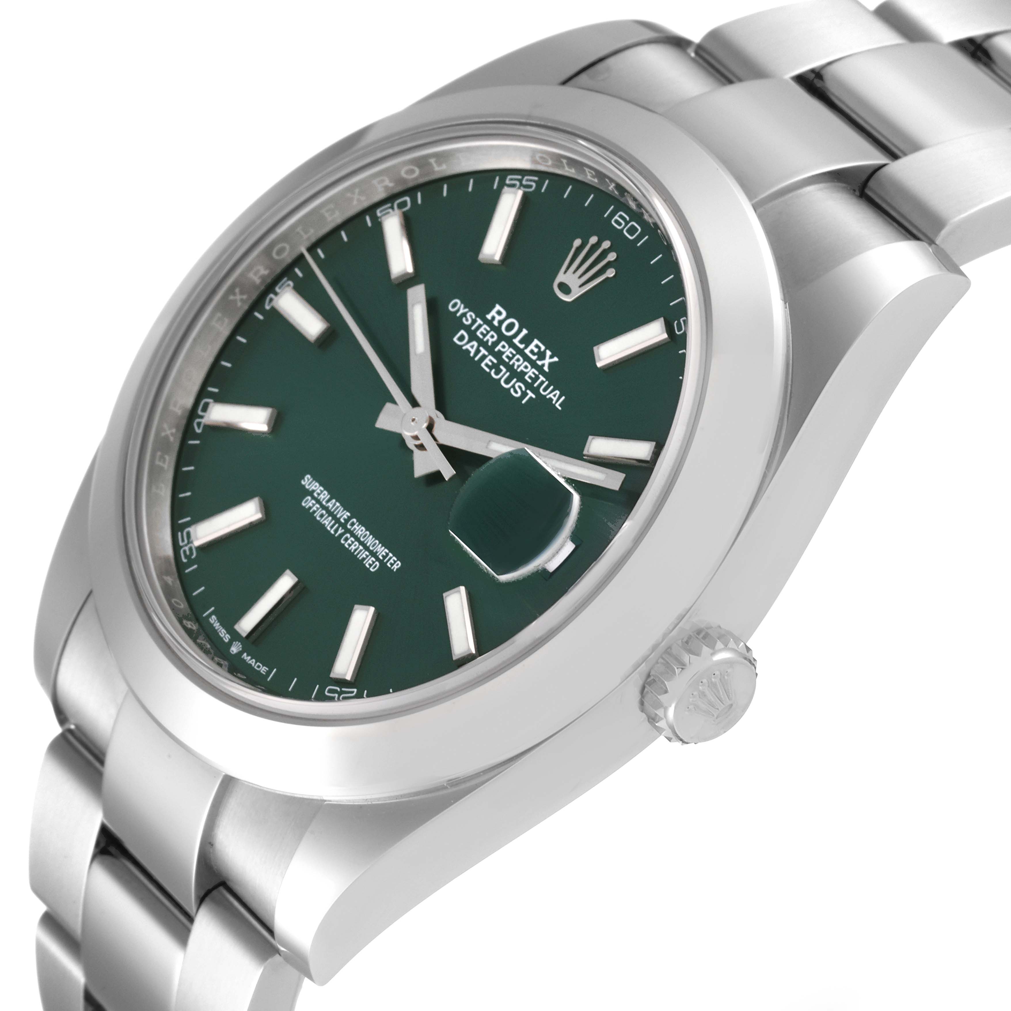 The image shows a close-up of a Rolex Datejust 41 126300 Men's Stainless Steel Green Dial 126300 Men's Stainless Steel Green Dial watch, highlighting the crown, bezel, and part of the bracelet.
