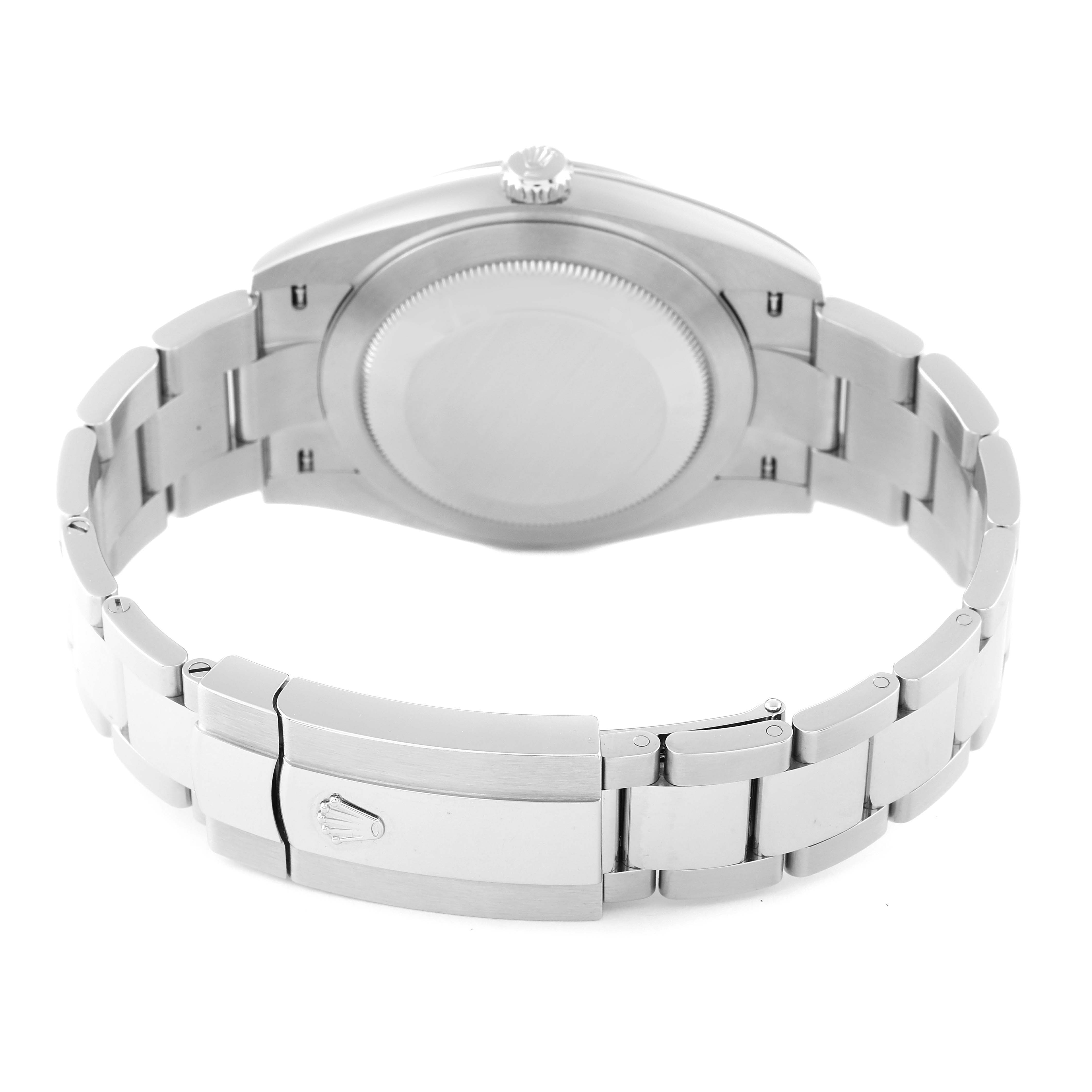 This image shows the back view of the Rolex Datejust 41 126300 Men's Stainless Steel Green Dial 126300 Men's Stainless Steel Green Dial watch, featuring the case back and stainless steel bracelet with clasp.