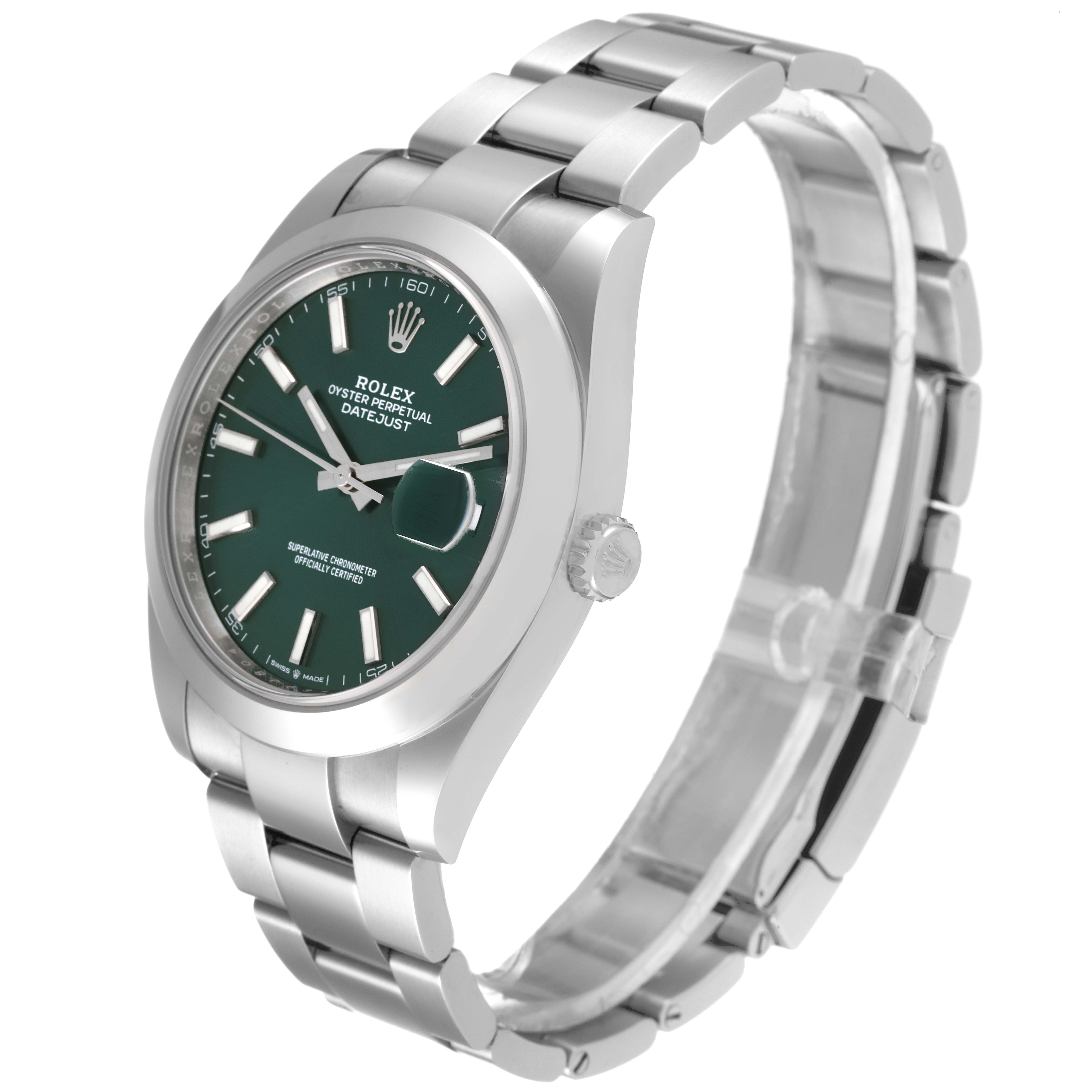 The Rolex Datejust 41 126300 Men's Stainless Steel Green Dial 126300 Men's Stainless Steel Green Dial is shown at an angle emphasizing the dial, crown, and bracelet.