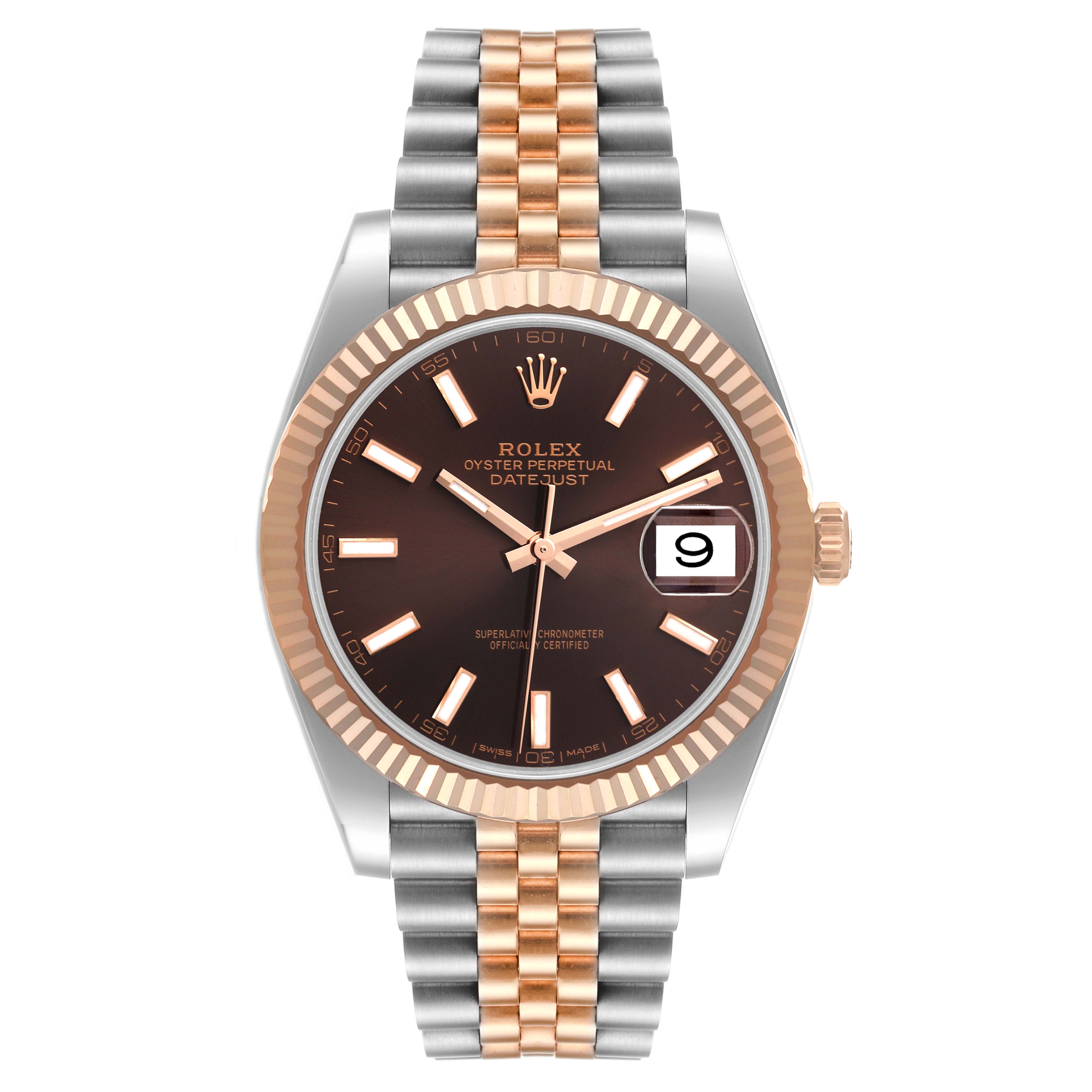 This image shows a front view of the Rolex Datejust 41 126331 Men's Steel and Gold (two tone) Brown Dial 126331 Men's Steel and Gold (two tone) Brown Dial watch, highlighting its bezel, dial, and Jubilee bracelet.