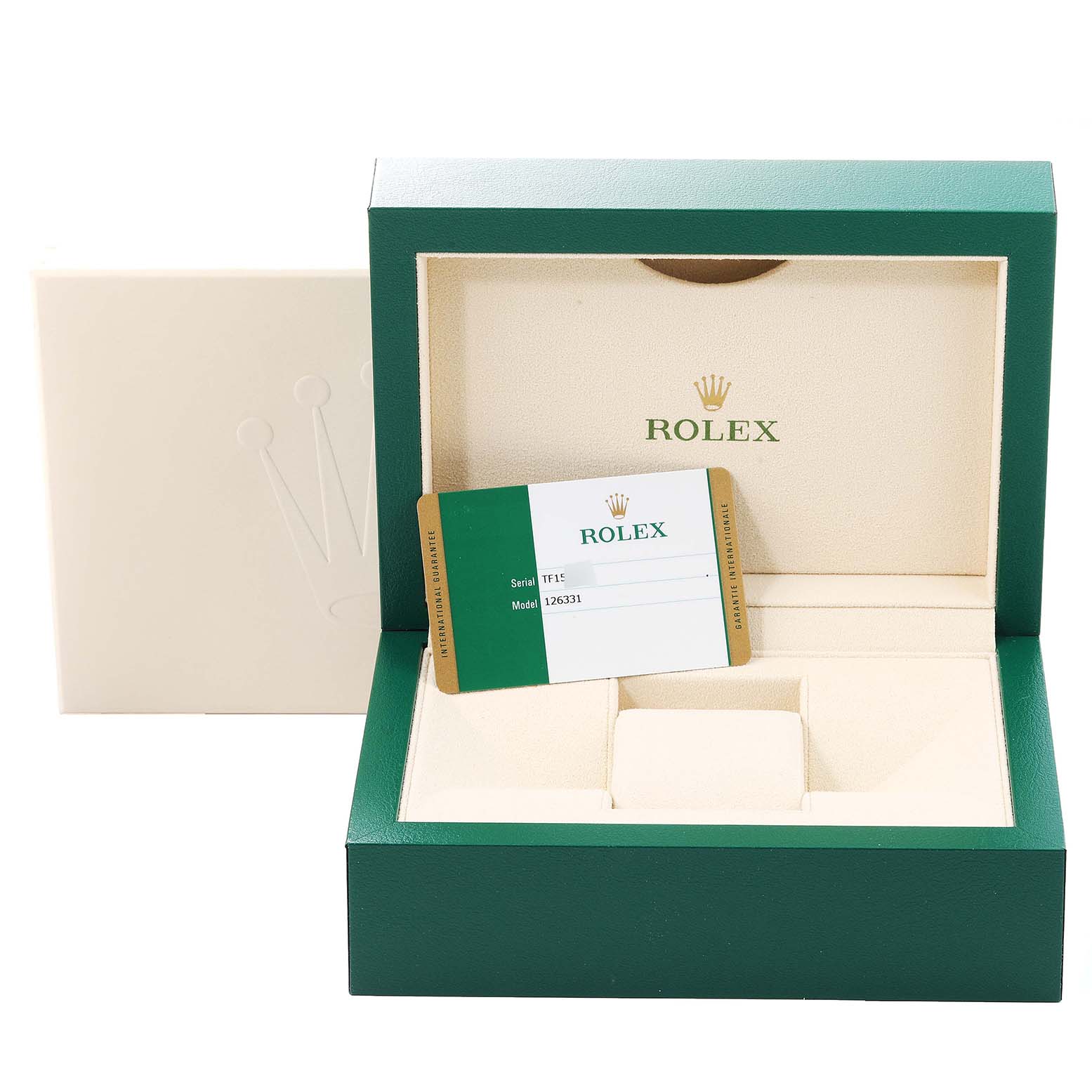 The image shows the open box and warranty card for the Rolex Datejust 41 126331 Men's Steel and Gold (two tone) Brown Dial 126331 Men's Steel and Gold (two tone) Brown Dial model, with the card displaying the brand and model number.