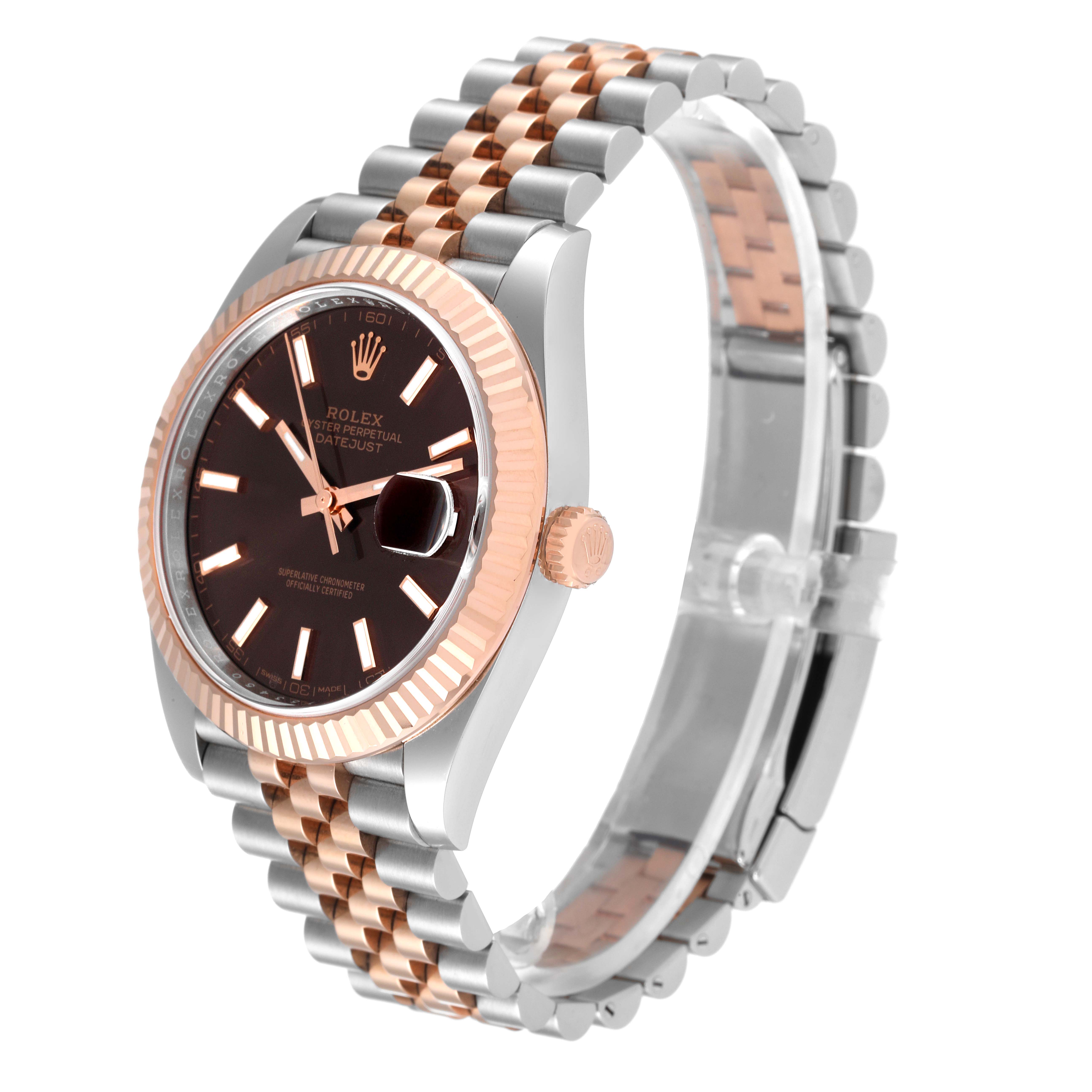 The image shows a Rolex Datejust 41 126331 Men's Steel and Gold (two tone) Brown Dial 126331 Men's Steel and Gold (two tone) Brown Dial at an angle highlighting the dial, bezel, crown, and Jubilee bracelet.
