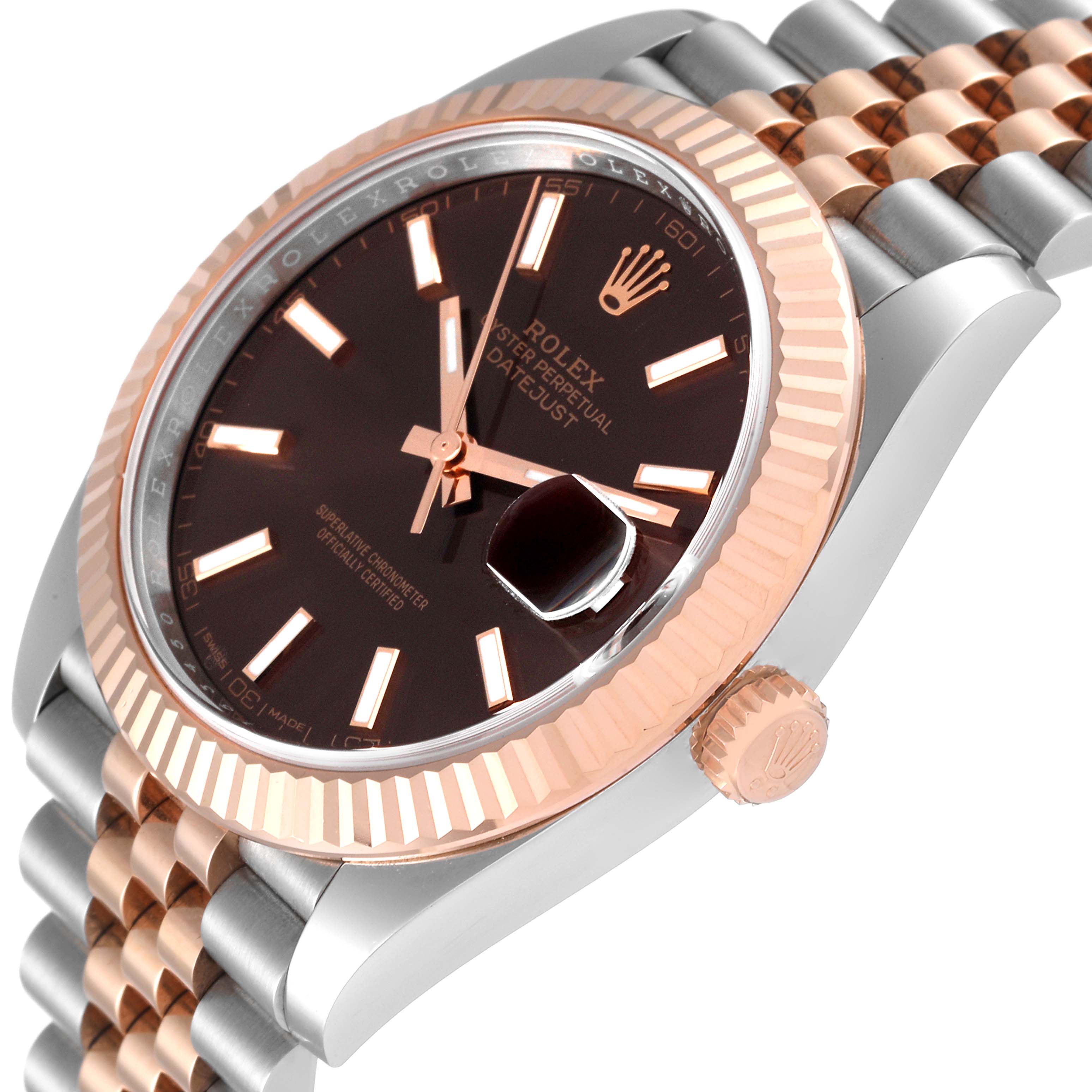 The image shows a side angle of the Rolex Datejust 41 126331 Men's Steel and Gold (two tone) Brown Dial 126331 Men's Steel and Gold (two tone) Brown Dial showcasing the dial, bezel, crown, and bracelet. 