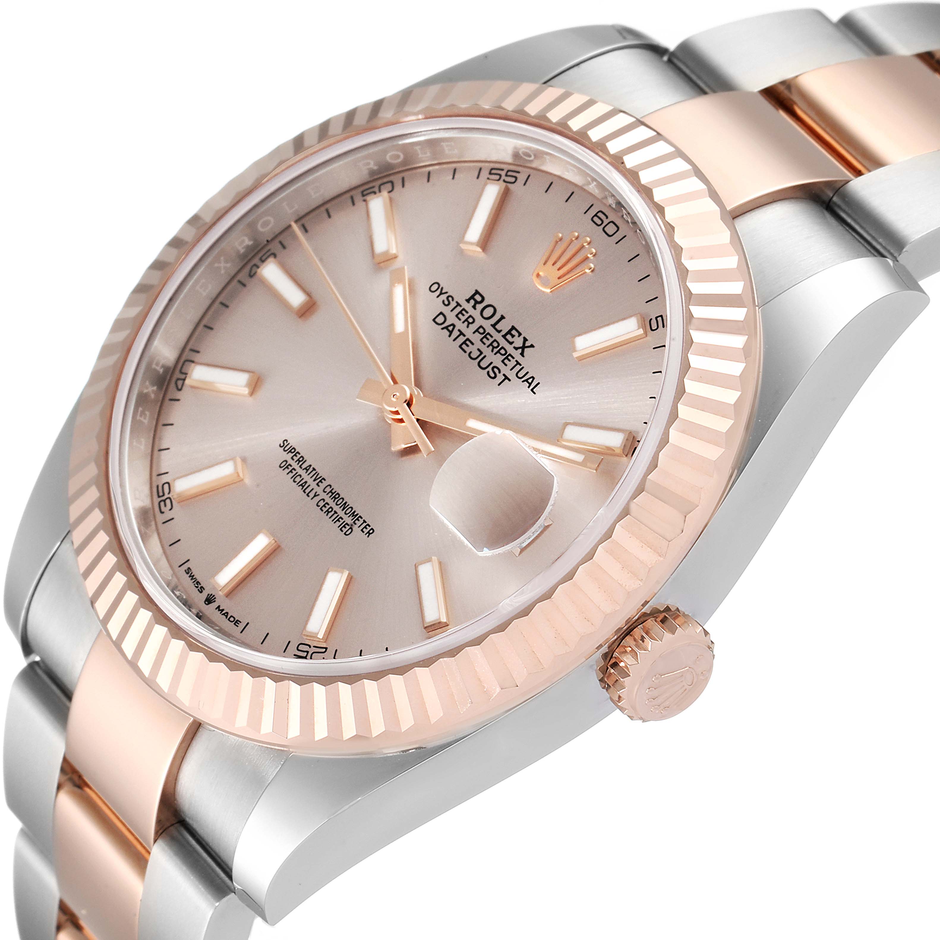 The image shows a close-up angled view of the Rolex Datejust 41 126331 Men's Steel and Gold (two tone) Beige Dial 126331 Men's Steel and Gold (two tone) Beige Dial, highlighting its face, bezel, and bracelet.