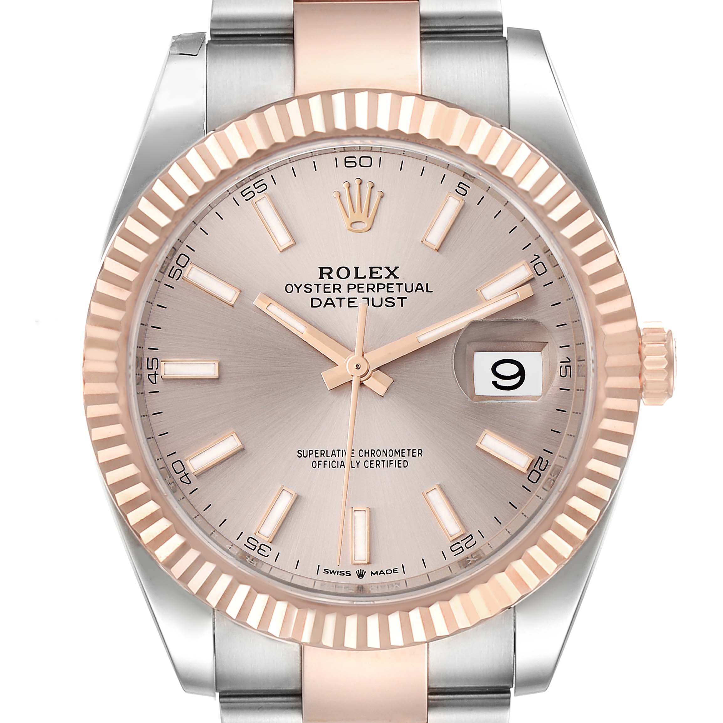 The image shows a front view of the Rolex Datejust 41 126331 Men's Steel and Gold (two tone) Beige Dial 126331 Men's Steel and Gold (two tone) Beige Dial watch, highlighting its dial, bezel, and part of the bracelet.