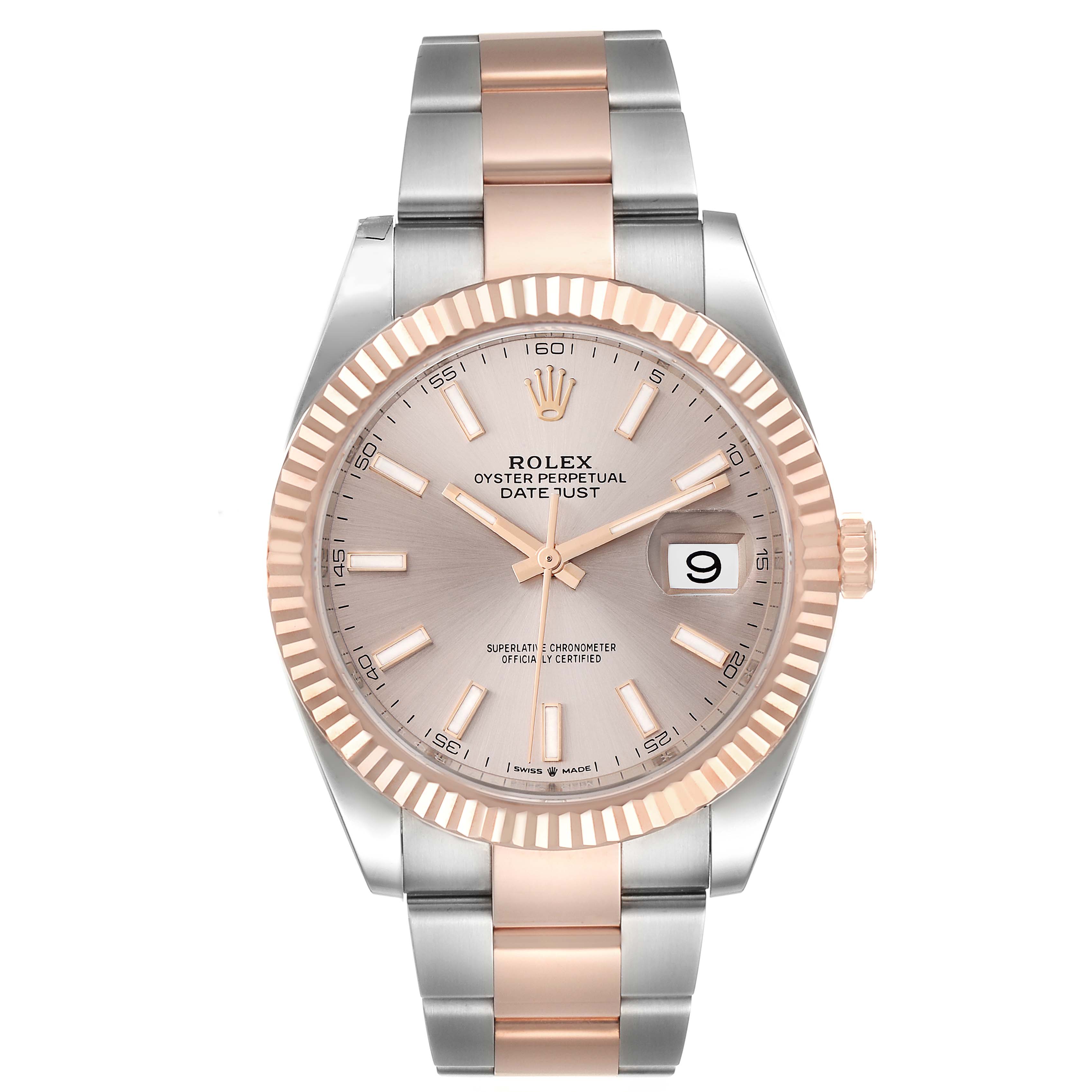 The image shows a front view of a Rolex Datejust 41 126331 Men's Steel and Gold (two tone) Beige Dial 126331 Men's Steel and Gold (two tone) Beige Dial watch, featuring a two-tone strap and a fluted bezel.