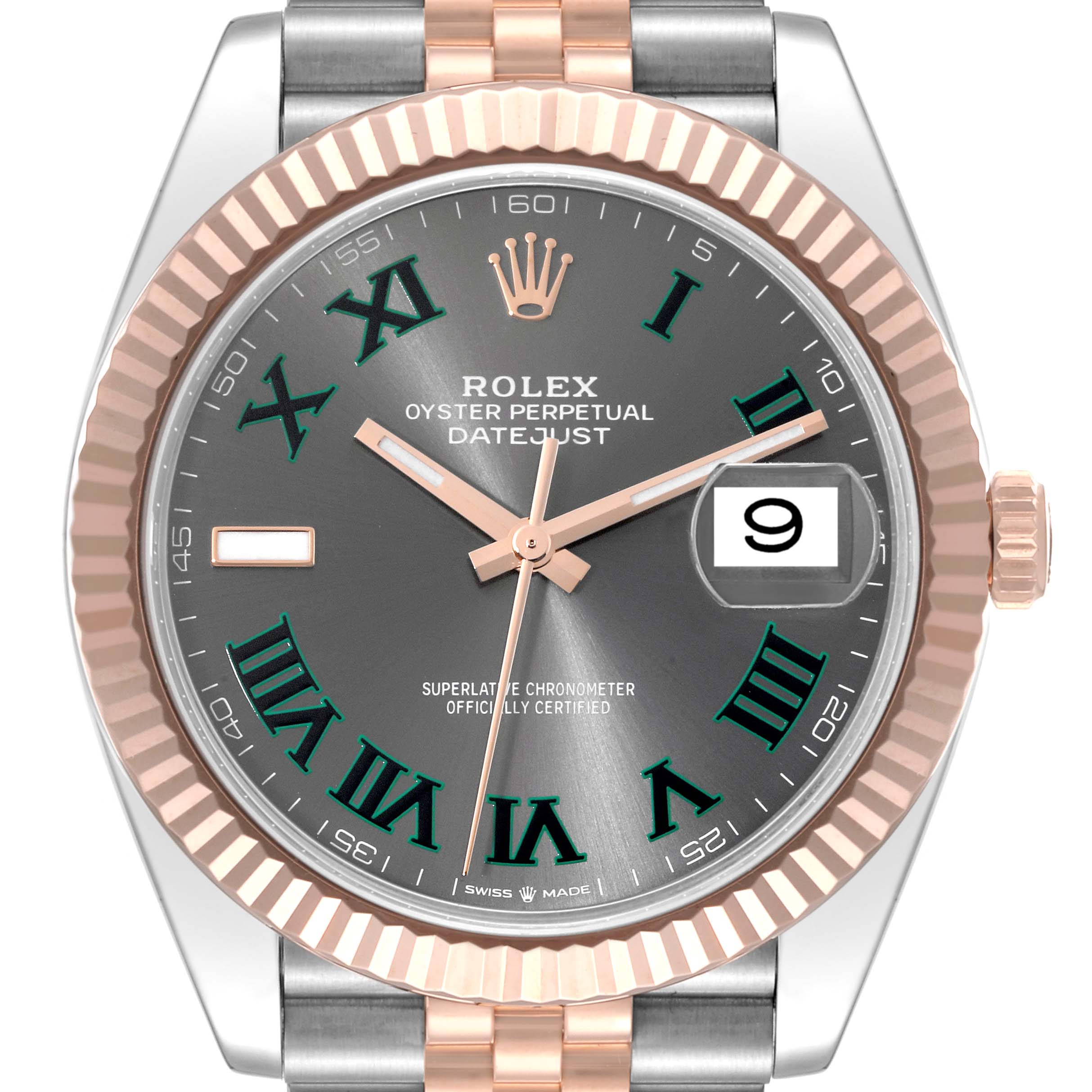 This image shows a front view of the Rolex Datejust 41 126331 Men's Steel and Gold (two tone) Grey Dial 126331 Men's Steel and Gold (two tone) Grey Dial, featuring its dial, hands, bezel, and part of the bracelet.