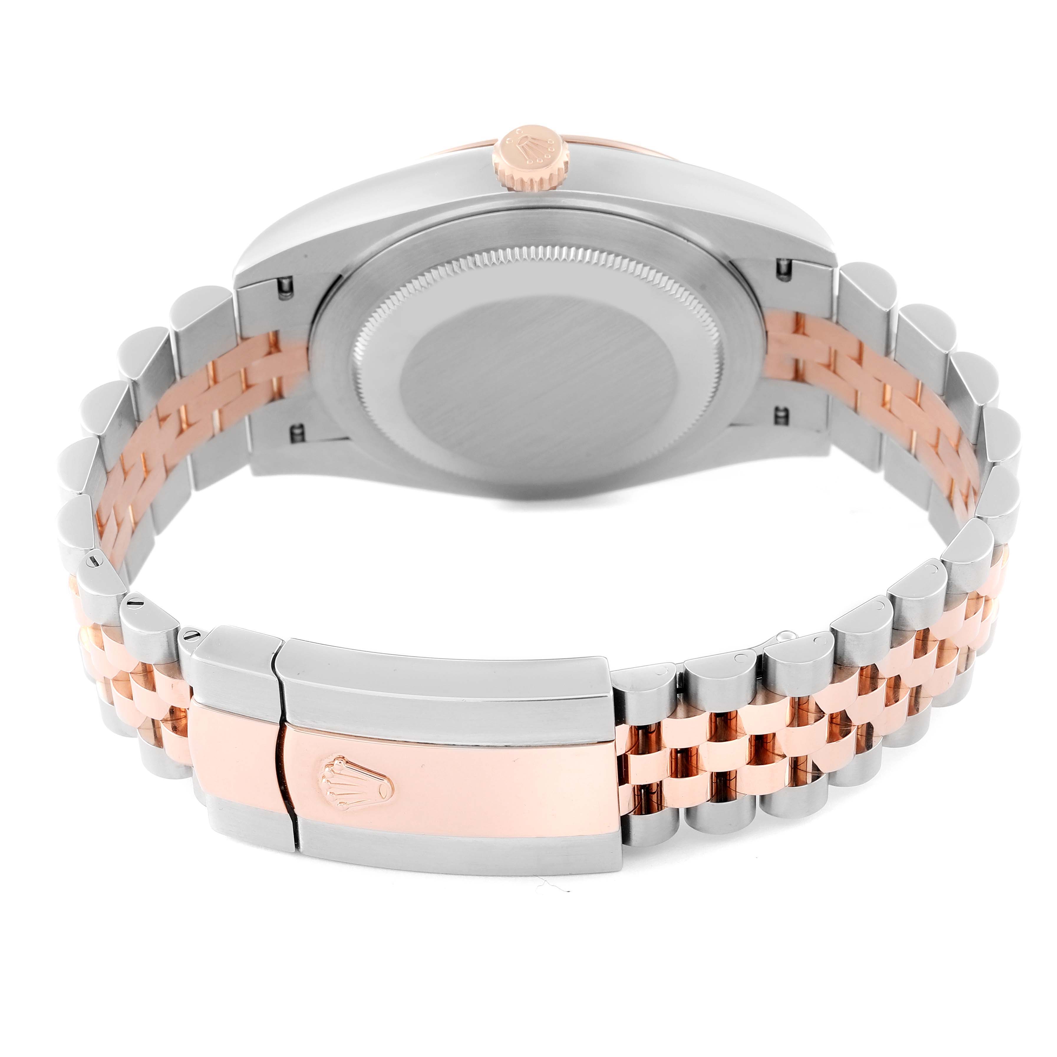 The image shows the back view of a Rolex Datejust 41 126331 Men's Steel and Gold (two tone) Grey Dial 126331 Men's Steel and Gold (two tone) Grey Dial watch, highlighting the case back, bracelet, and clasp.