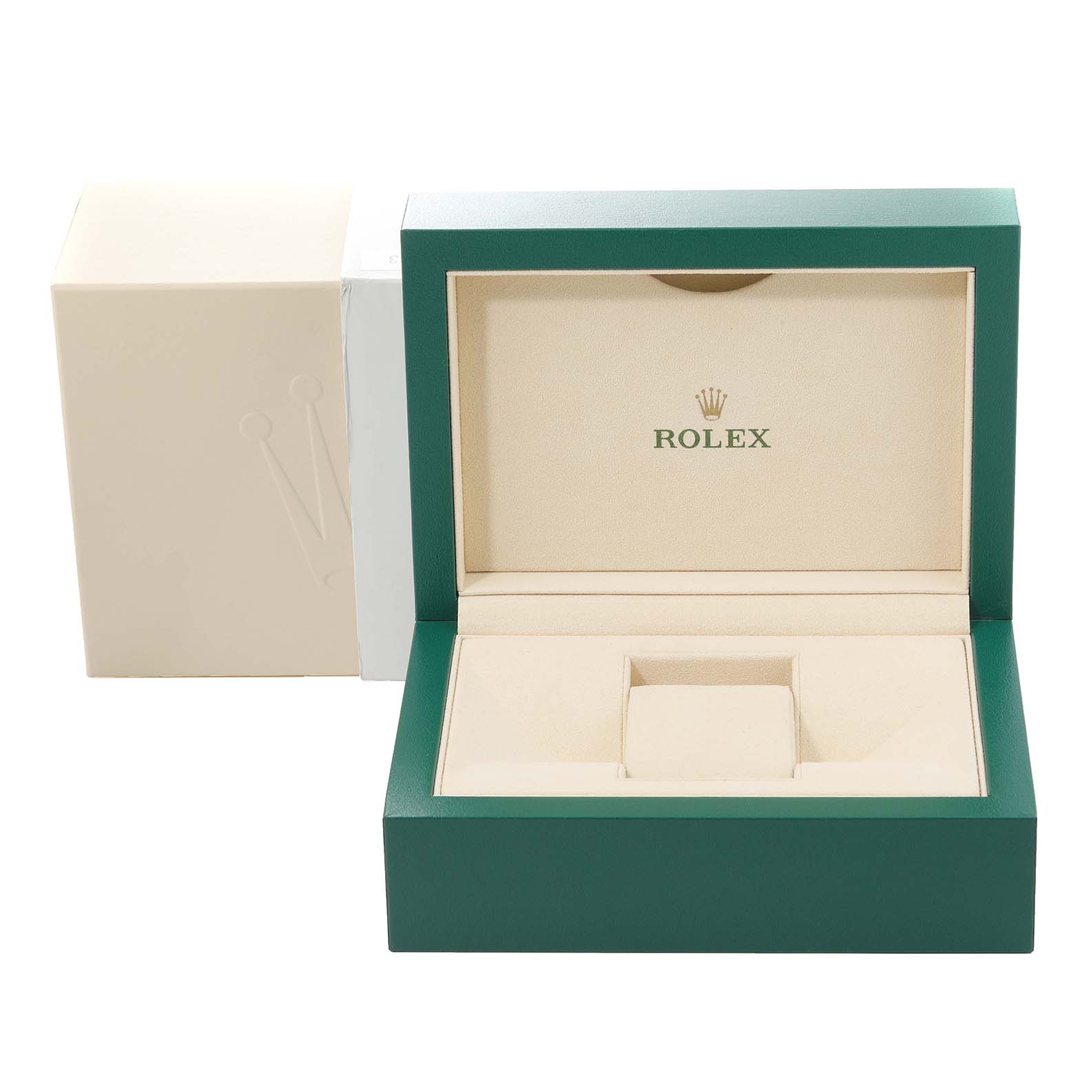 The image shows an empty green and beige Rolex watch box and outer packaging for the Datejust 41 model.