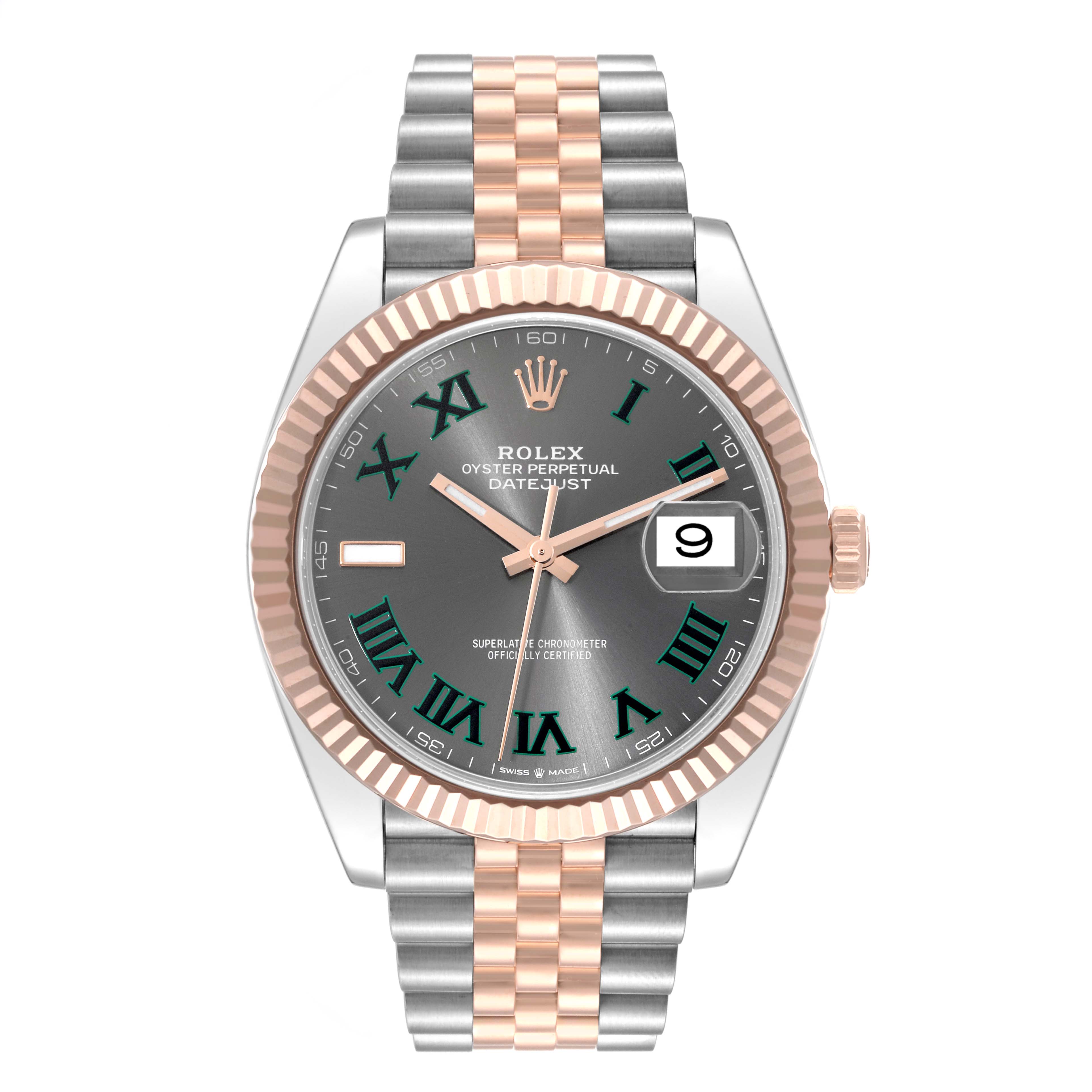 The Rolex Datejust 41 126331 Men's Steel and Gold (two tone) Grey Dial 126331 Men's Steel and Gold (two tone) Grey Dial watch is shown from the front, highlighting its dial, bezel, crown, and two-tone bracelet.