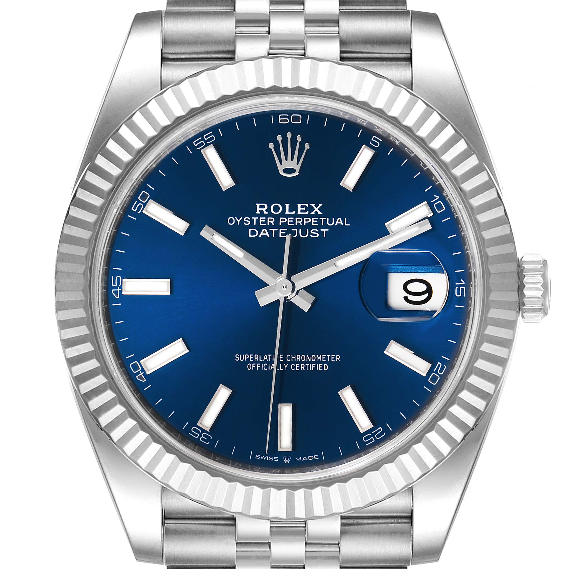 The Rolex Datejust 41 126334 Men
s Stainless Steel Blue Dial 126334 Men
s Stainless Steel Blue Dial is shown from a front angle, highlighting its blue dial, fluted bezel, and jubilee bracelet.