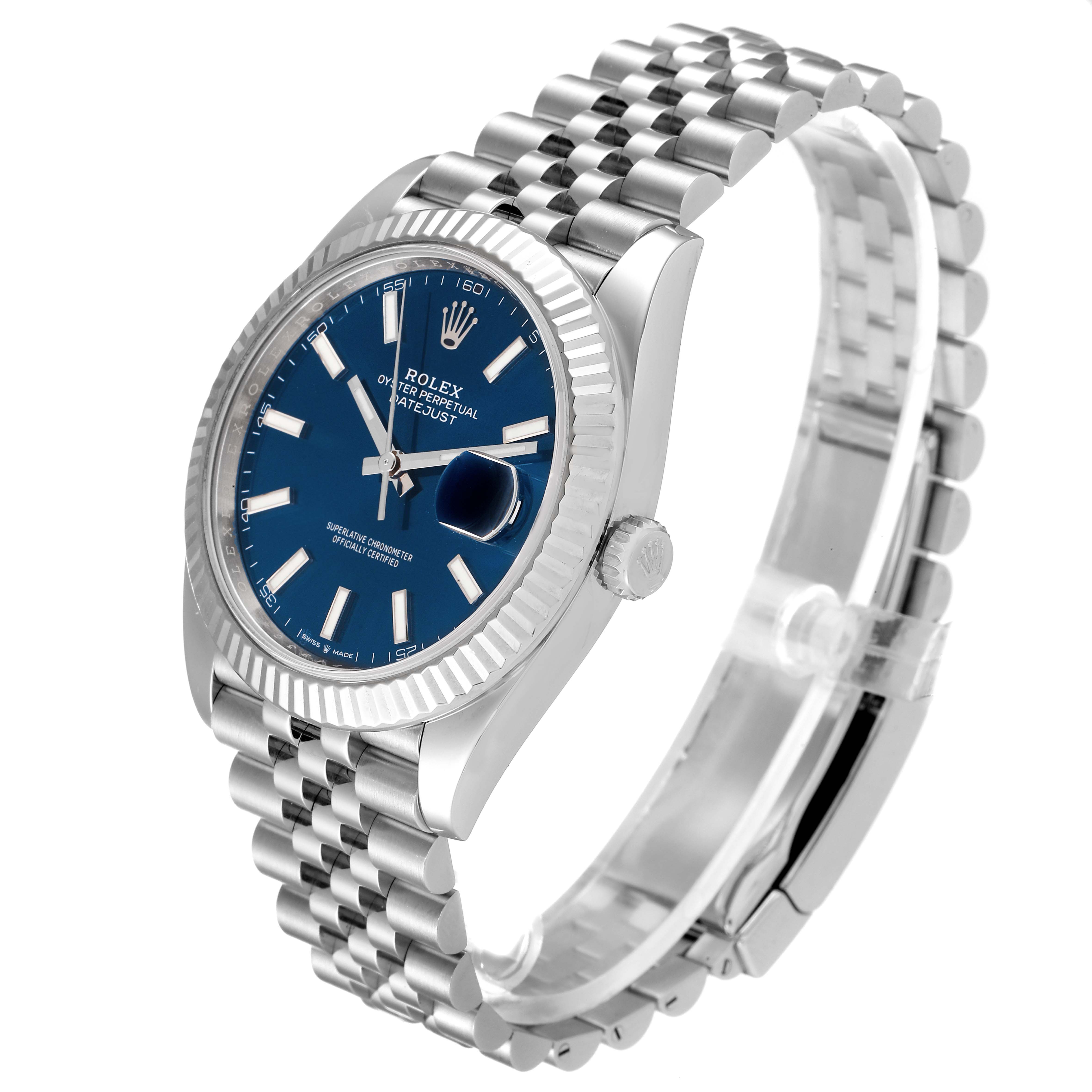 The Rolex Datejust 41 126334 Men
s Stainless Steel Blue Dial 126334 Men
s Stainless Steel Blue Dial watch is shown at a three-quarter angle, displaying the face, bracelet, and crown.