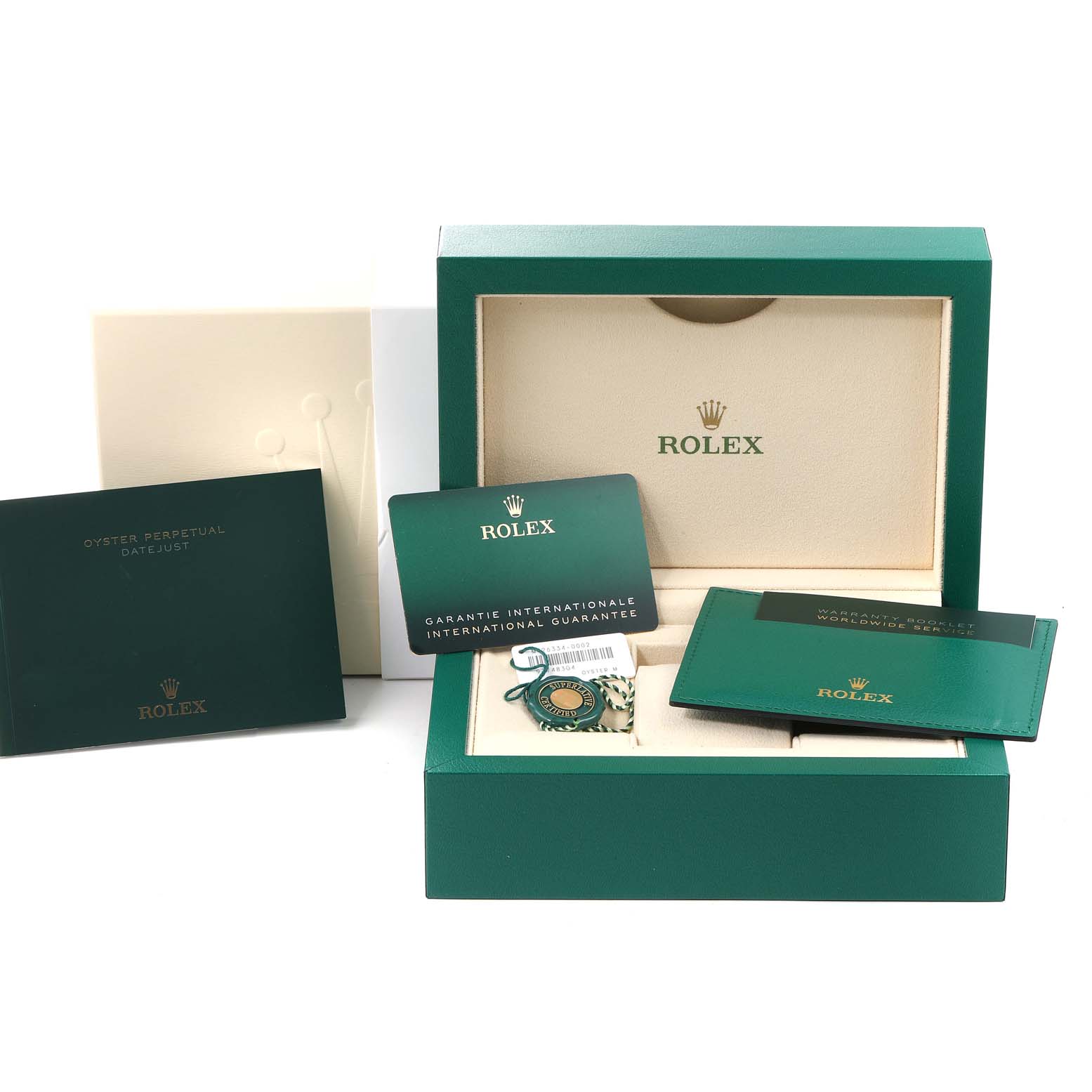 The image shows the Rolex Datejust 41 126334 Men
s Stainless Steel Blue Dial 126334 Men
s Stainless Steel Blue Dial packaging, including the watch box, warranty card, booklet, and accessories from a front angle.