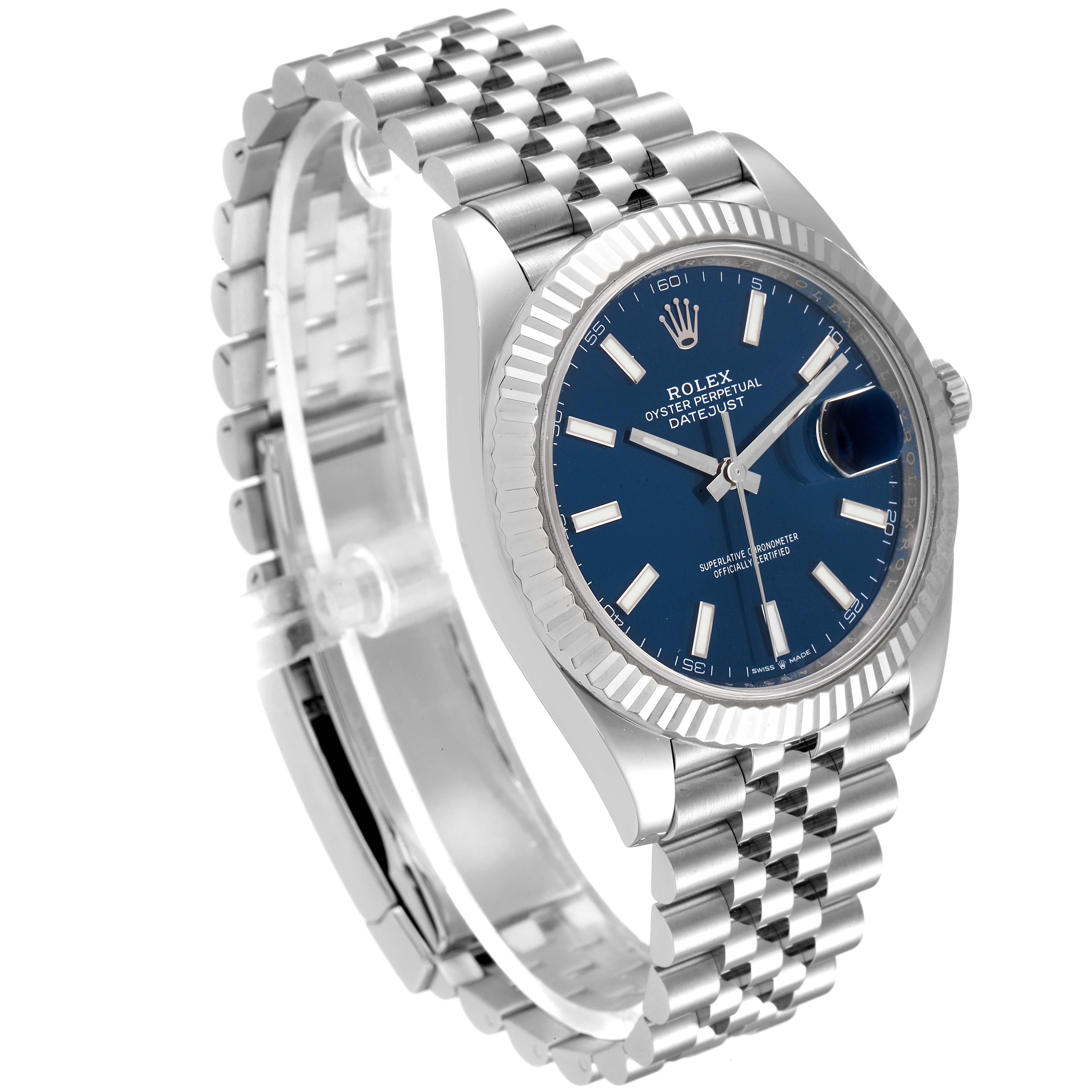 The Rolex Datejust 41 126334 Men
s Stainless Steel Blue Dial 126334 Men
s Stainless Steel Blue Dial watch is shown at an angled view, highlighting its blue dial, fluted bezel, and Jubilee bracelet.
