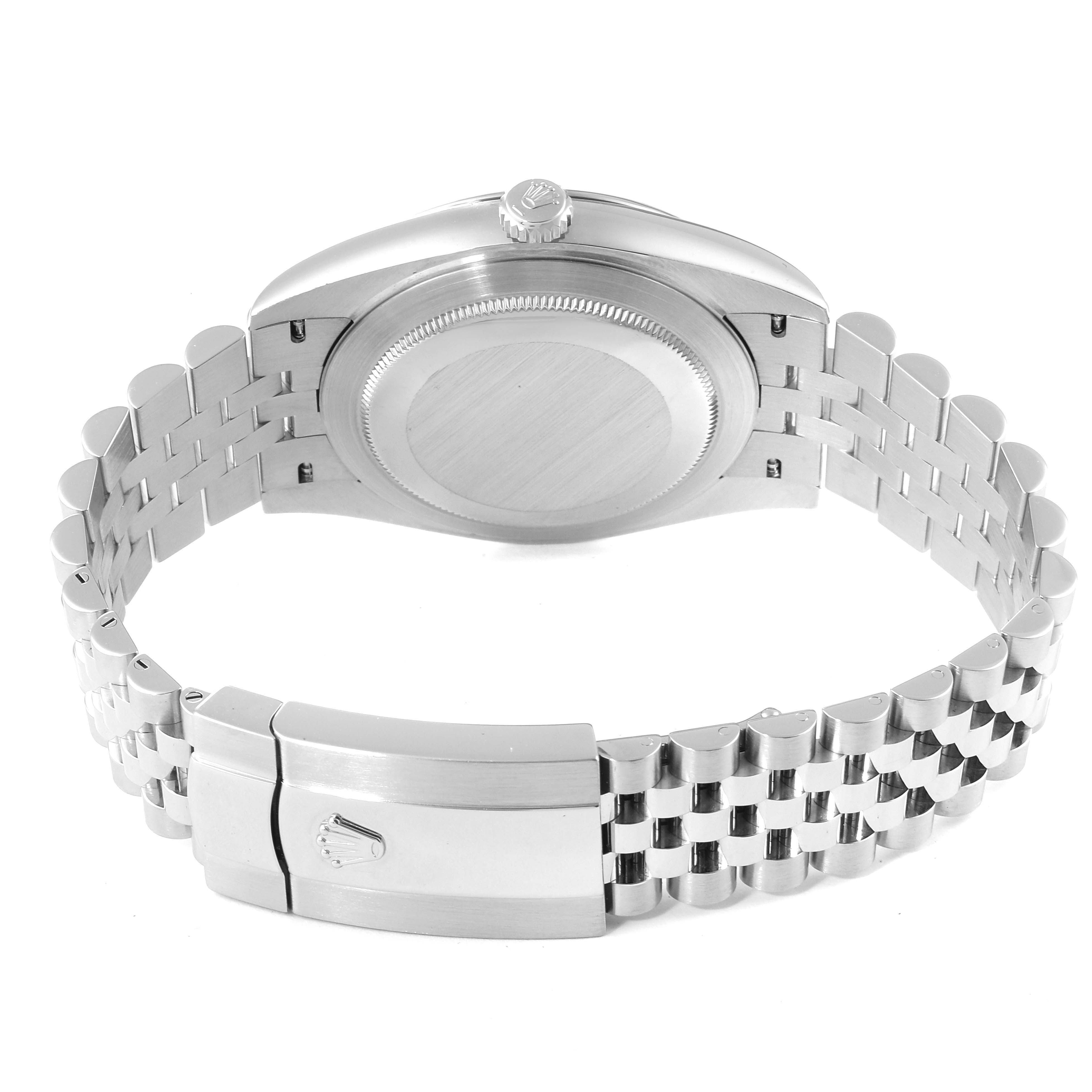 The image shows the back case and bracelet of the Rolex Datejust 41 126334 Men
s Stainless Steel Blue Dial 126334 Men
s Stainless Steel Blue Dial watch, focusing on the clasp and case back from a rear angle.