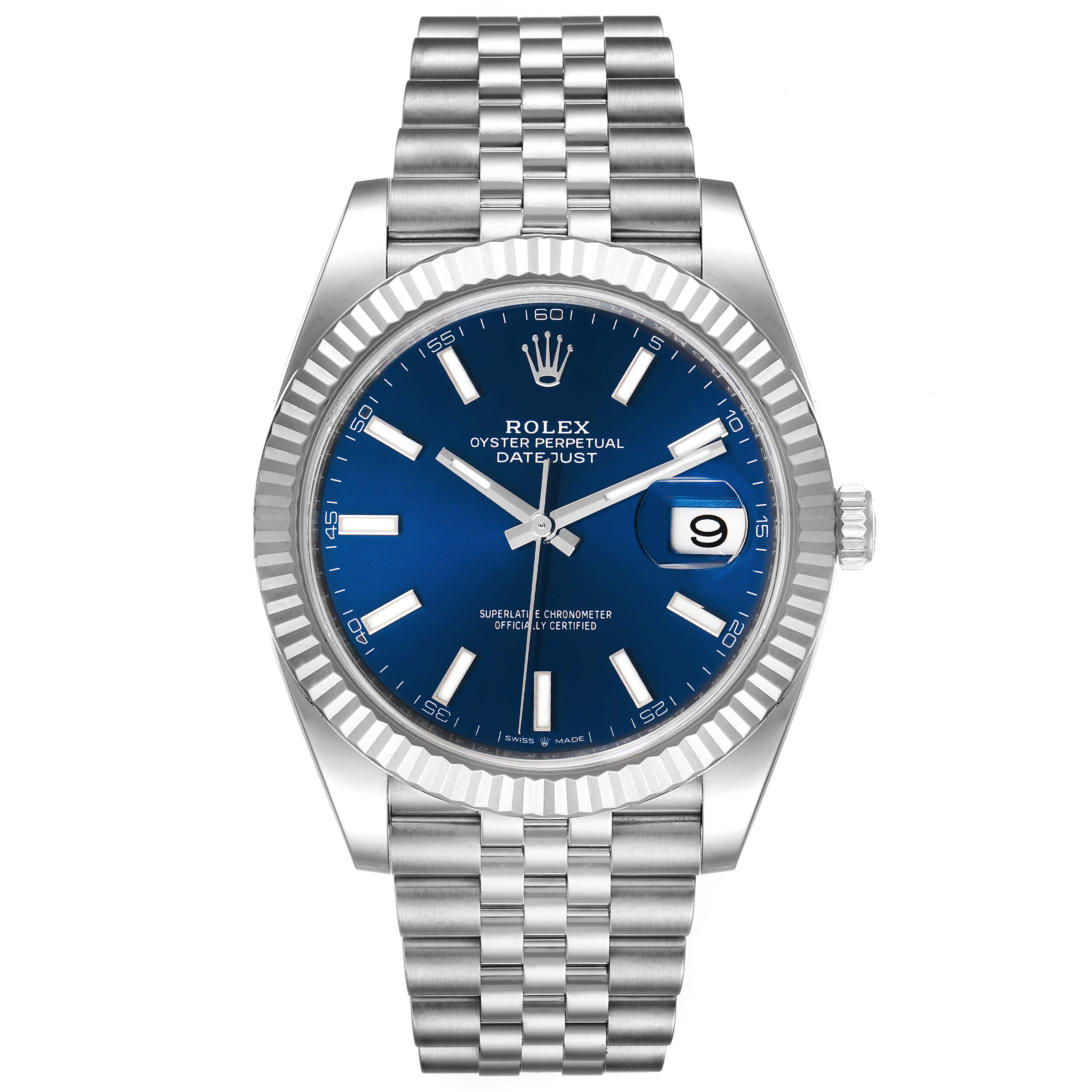This image shows a front view of a Rolex Datejust 41 126334 Men
s Stainless Steel Blue Dial 126334 Men
s Stainless Steel Blue Dial watch with a blue dial, fluted bezel, and Jubilee bracelet.