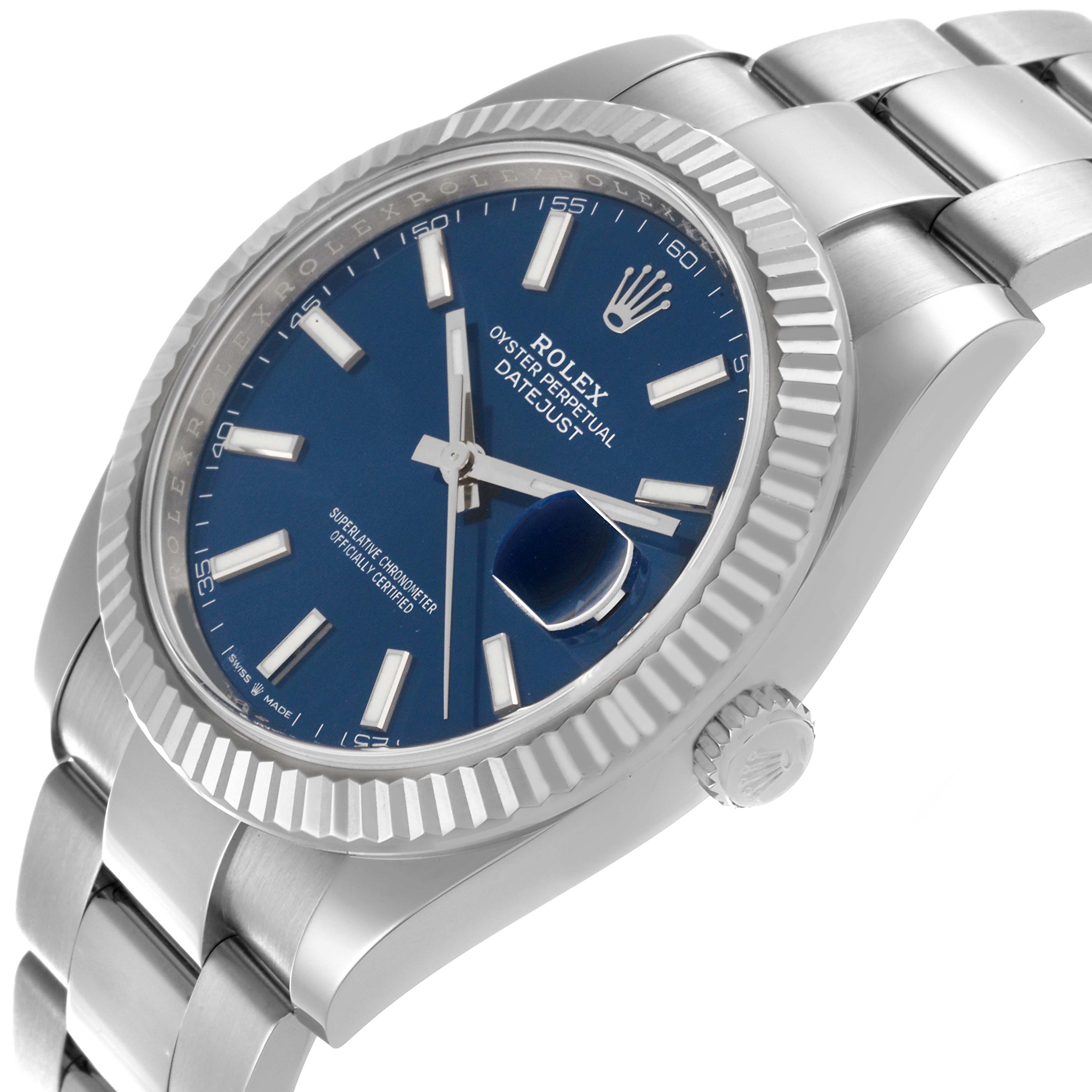 The Rolex Datejust 41 126334 Men
s Stainless Steel Blue Dial 126334 Men
s Stainless Steel Blue Dial is shown from a three-quarter angle, highlighting the bezel, crown, and blue dial.