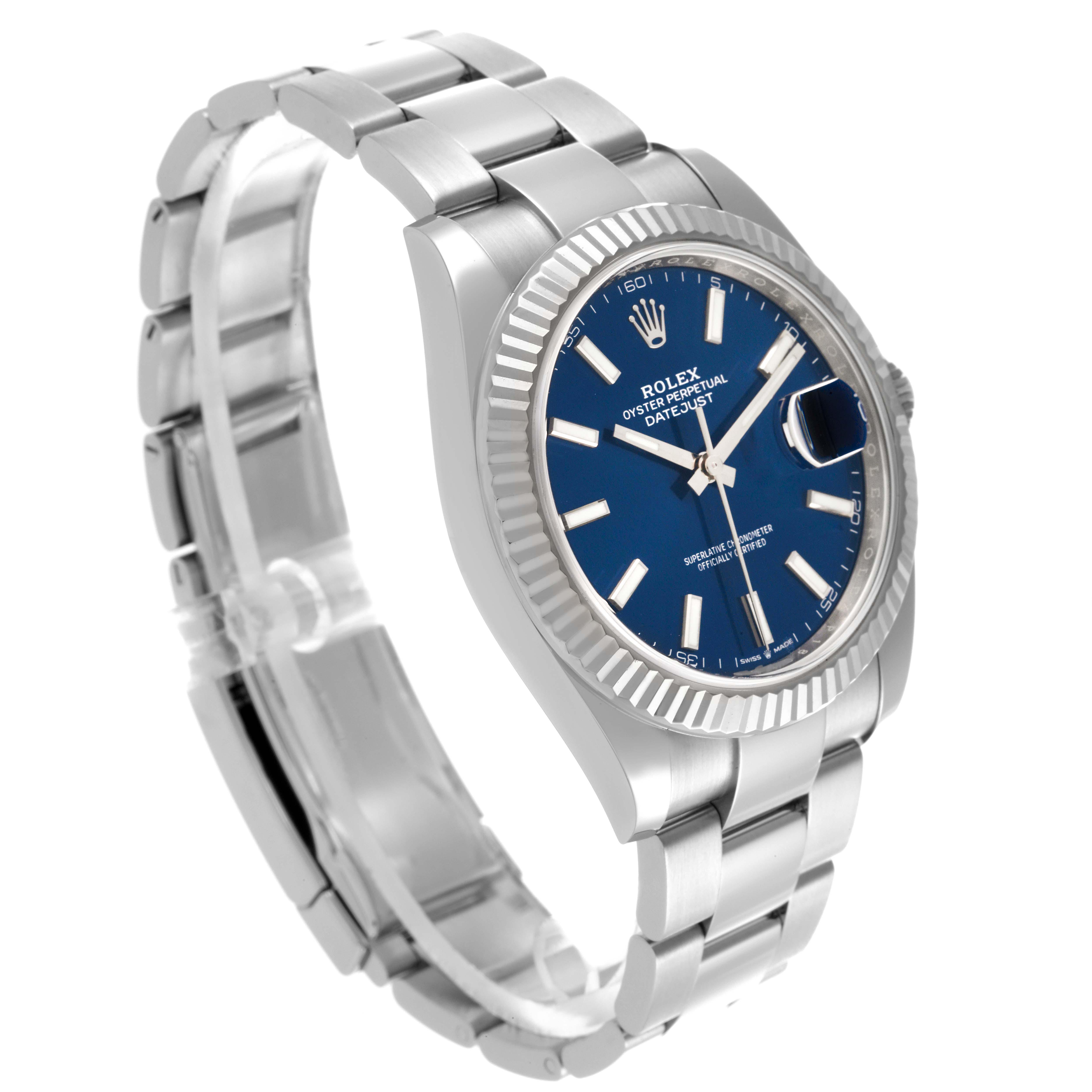 The Rolex Datejust 41 126334 Men
s Stainless Steel Blue Dial 126334 Men
s Stainless Steel Blue Dial is shown at an angle highlighting the face, fluted bezel, and bracelet.