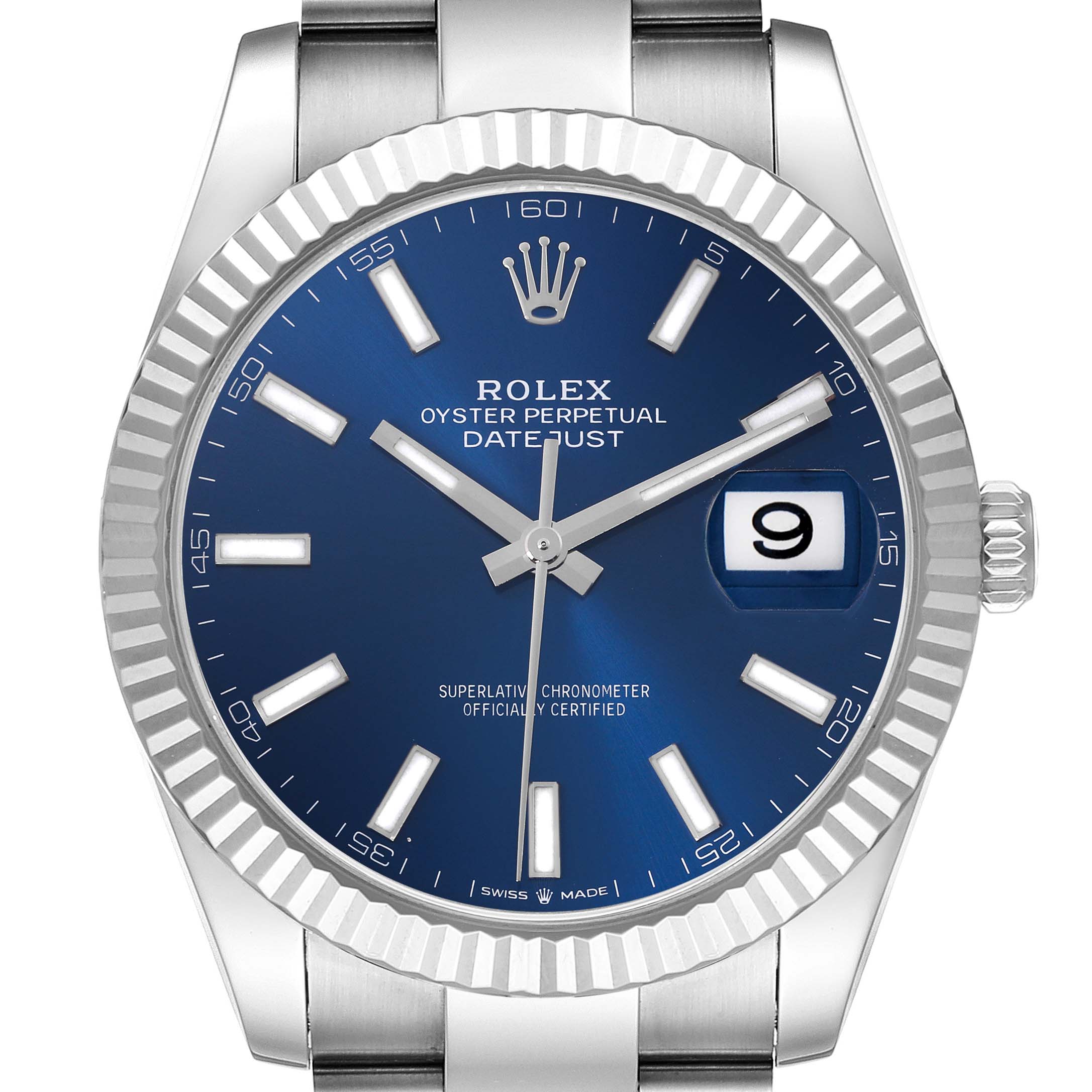 The Rolex Datejust 41 126334 Men
s Stainless Steel Blue Dial 126334 Men
s Stainless Steel Blue Dial watch is shown from a front angle, displaying the blue dial, fluted bezel, and part of the bracelet.