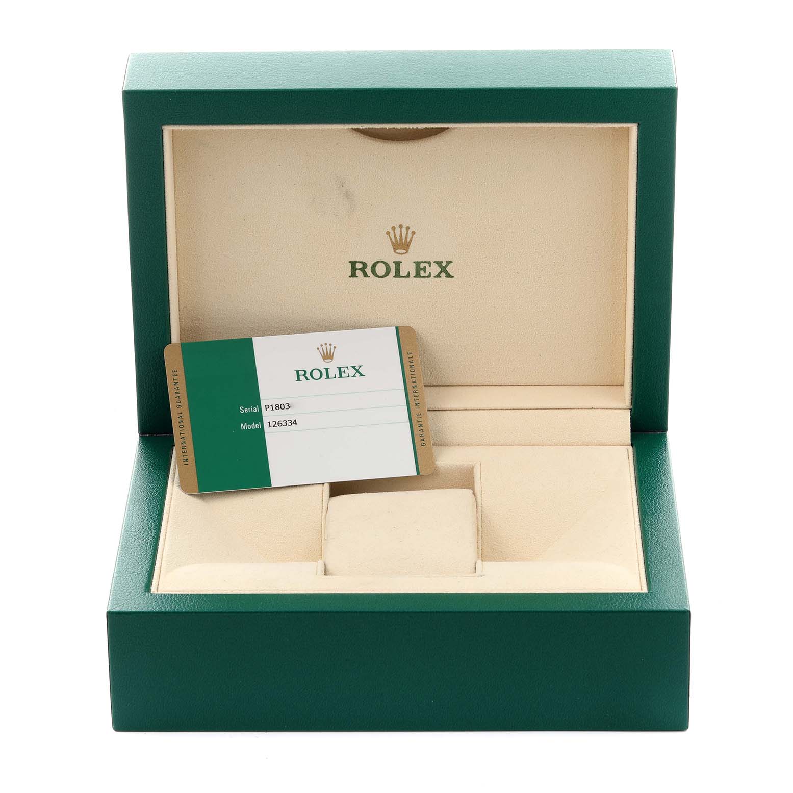 The image shows a Rolex Datejust 41 126334 Men
s Stainless Steel Blue Dial 126334 Men
s Stainless Steel Blue Dial box and warranty card, viewed from the front.