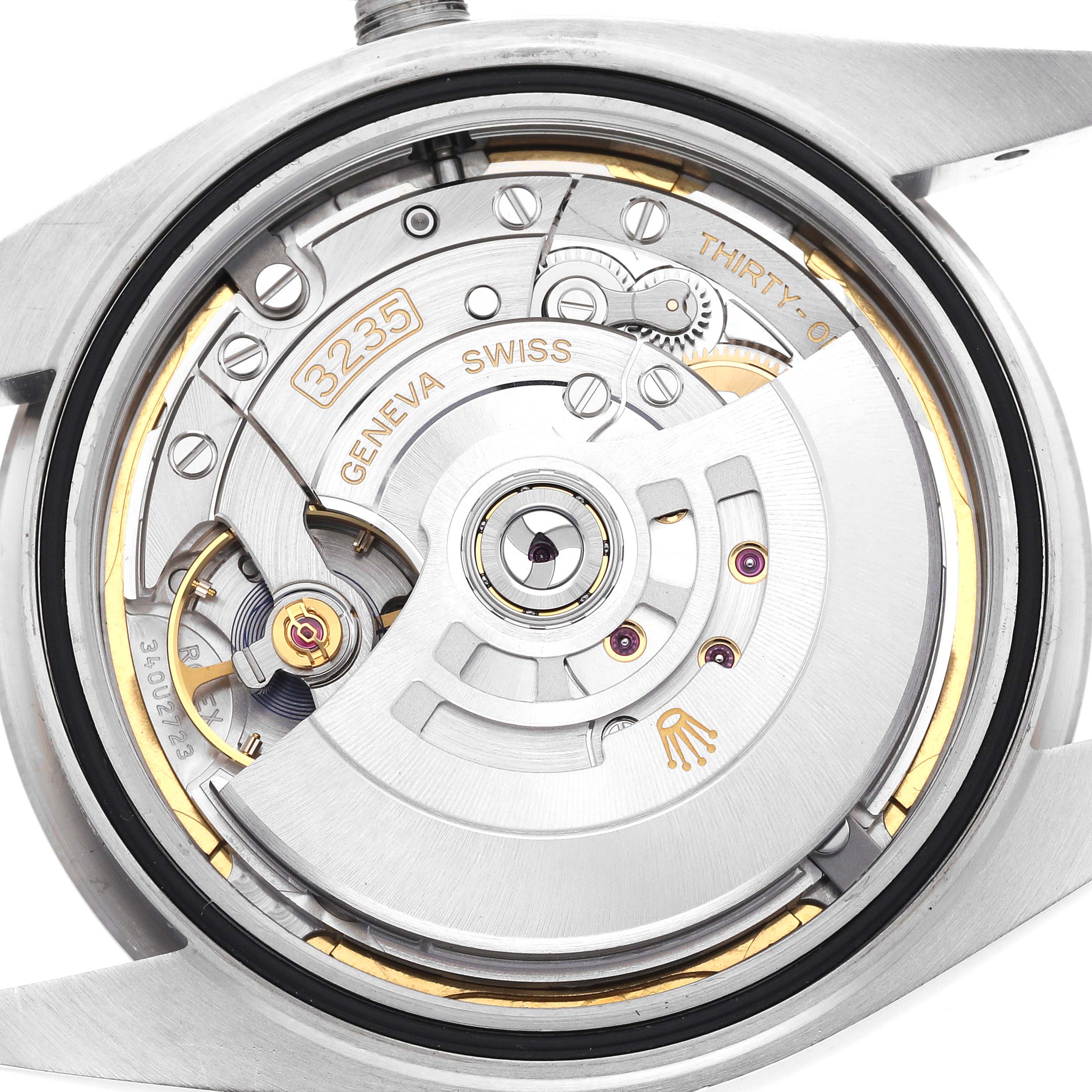 The image shows the interior movement of the Rolex Datejust 41 126334 Men
s Stainless Steel Blue Dial 126334 Men
s Stainless Steel Blue Dial, highlighting the intricate components from the back.